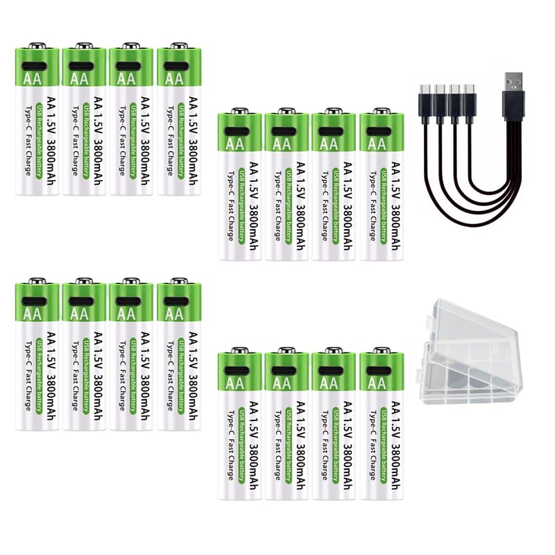 Sisawia Kit Com 16 Pilhas Recarregáveis AAA 1.5V Lítio 3800mAh USB C Com Longa Duração Para Controle Remoto Mouse E Teclado