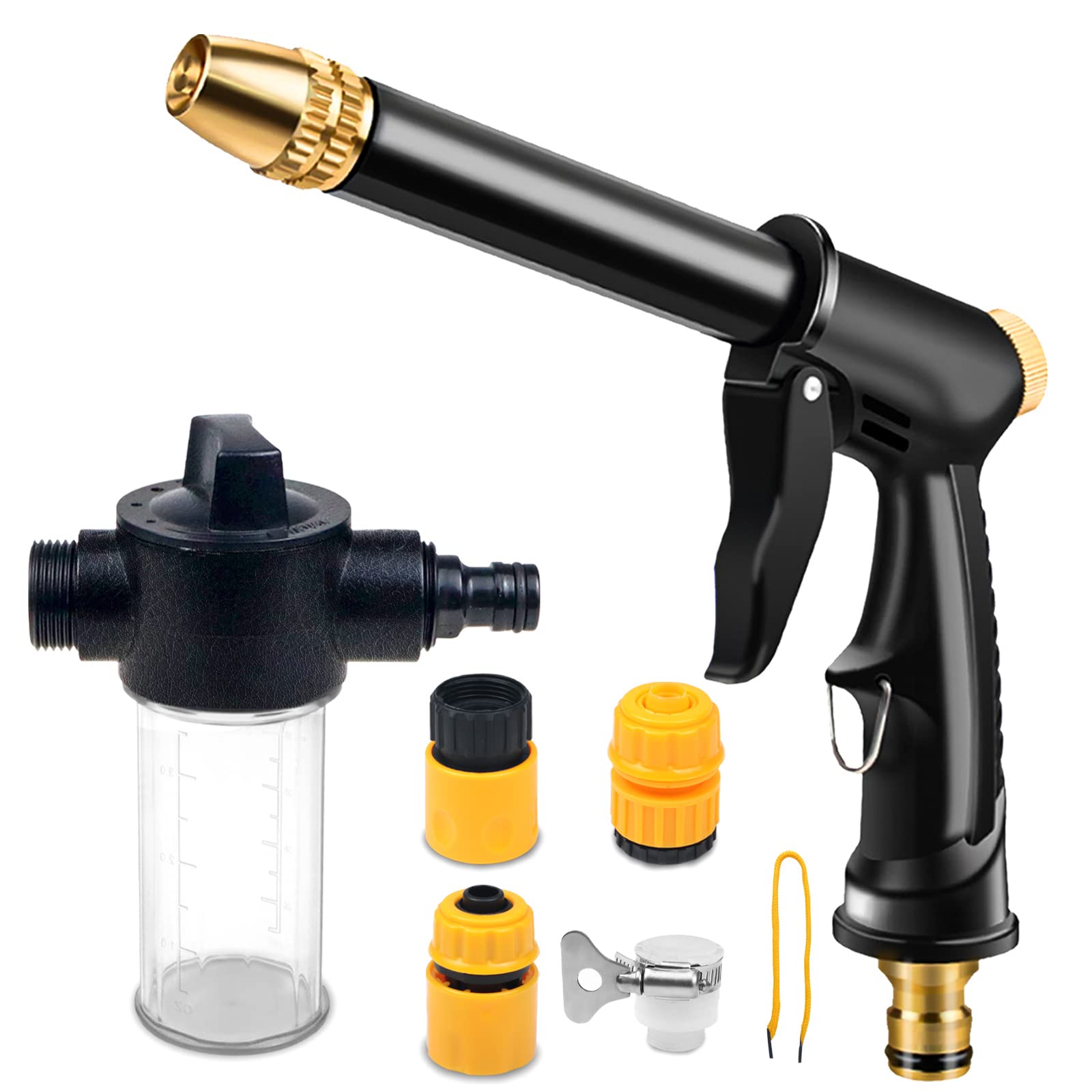 Bocal de mangueira de jardim com 4 padrões, dispensador de sabão e conectores rápidos, pistola de lavagem de plástico de alta pressão, pulverizador de bocal de mangueira de água resistente, bocal de spray para lavagem de carro ao ar livre