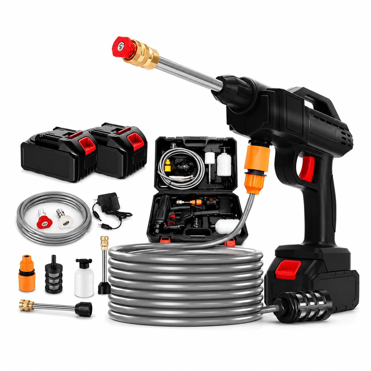 Lavadora de Alta Pressão Portátil Sem Fio 48V com 2 Baterias Recarregáveis – Pistola de Água Profissional para Lava Jato, Carro, Moto, Quintal e Jardim com Mangueira 5m e Kit Completo com maleta