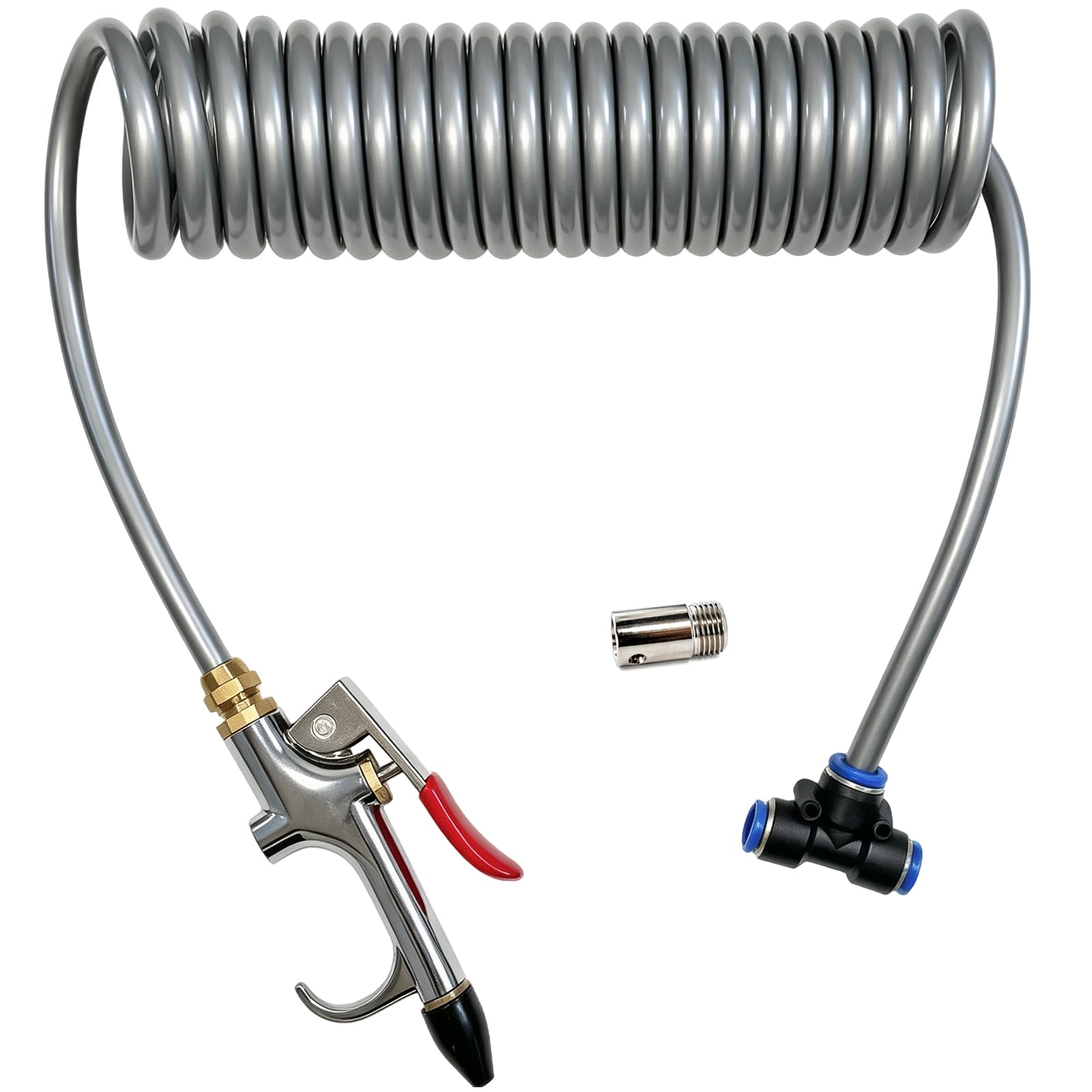 Kit de pistola de sopro de ar com mangueira de ar de bobina de poliuretano de 3 m | Pistola de sopro de assento de ar de caminhão resistente com 2 bocais, NPT de 1/4 polegada