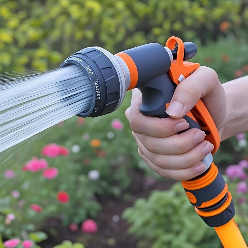 Pistola de bocal de mangueira de jardim de alta pressão ajustável, pulverizador de água leve e durável com alça ergonômica e adaptadores universais, compatível com mangueiras dos EUA e UE, para