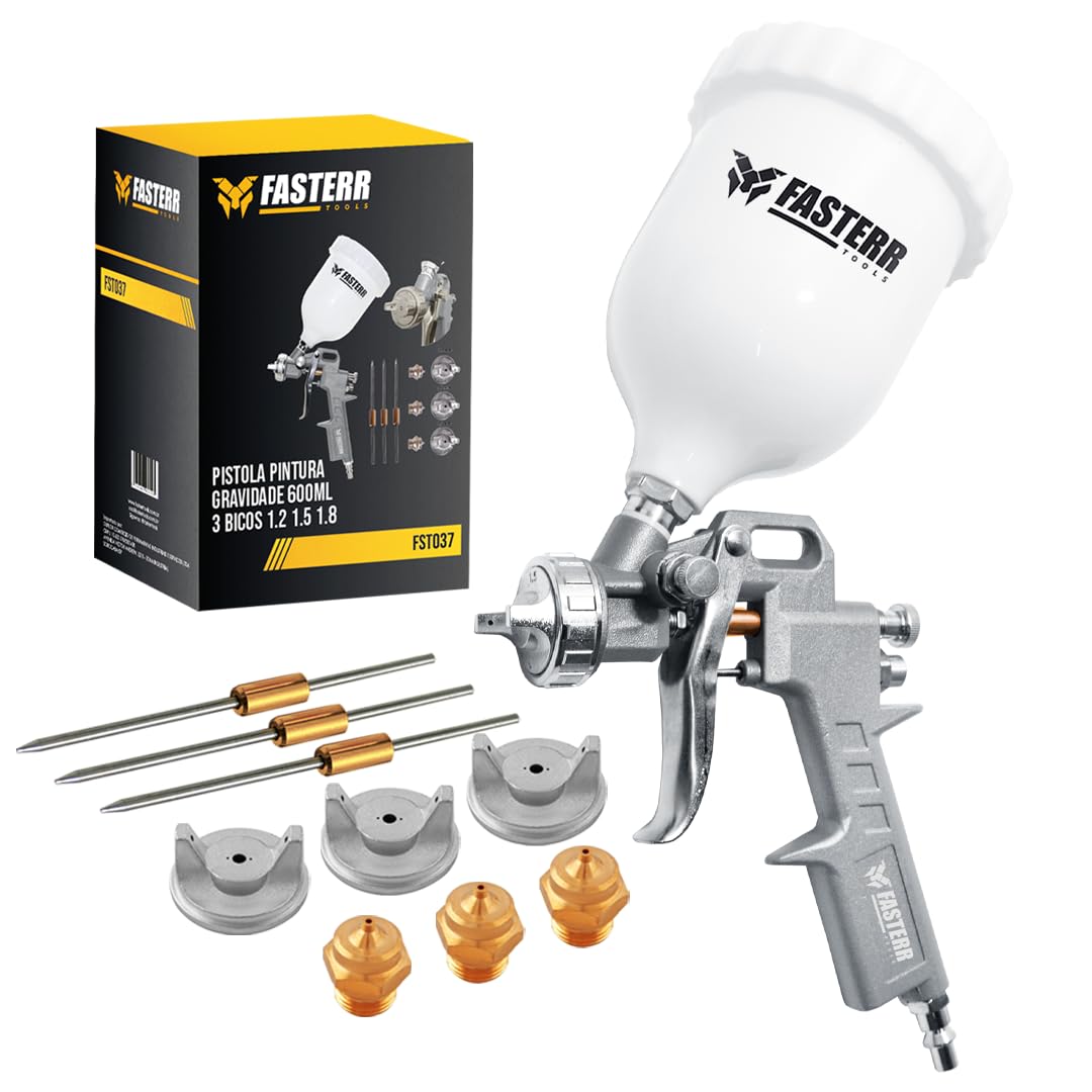 Pistola de Pintura Alta Pressão Fasterr FST037 600ml – Gravidade, 3 Bicos 1.2/1.5/1.8mm, Alumínio, Uso com Compressor