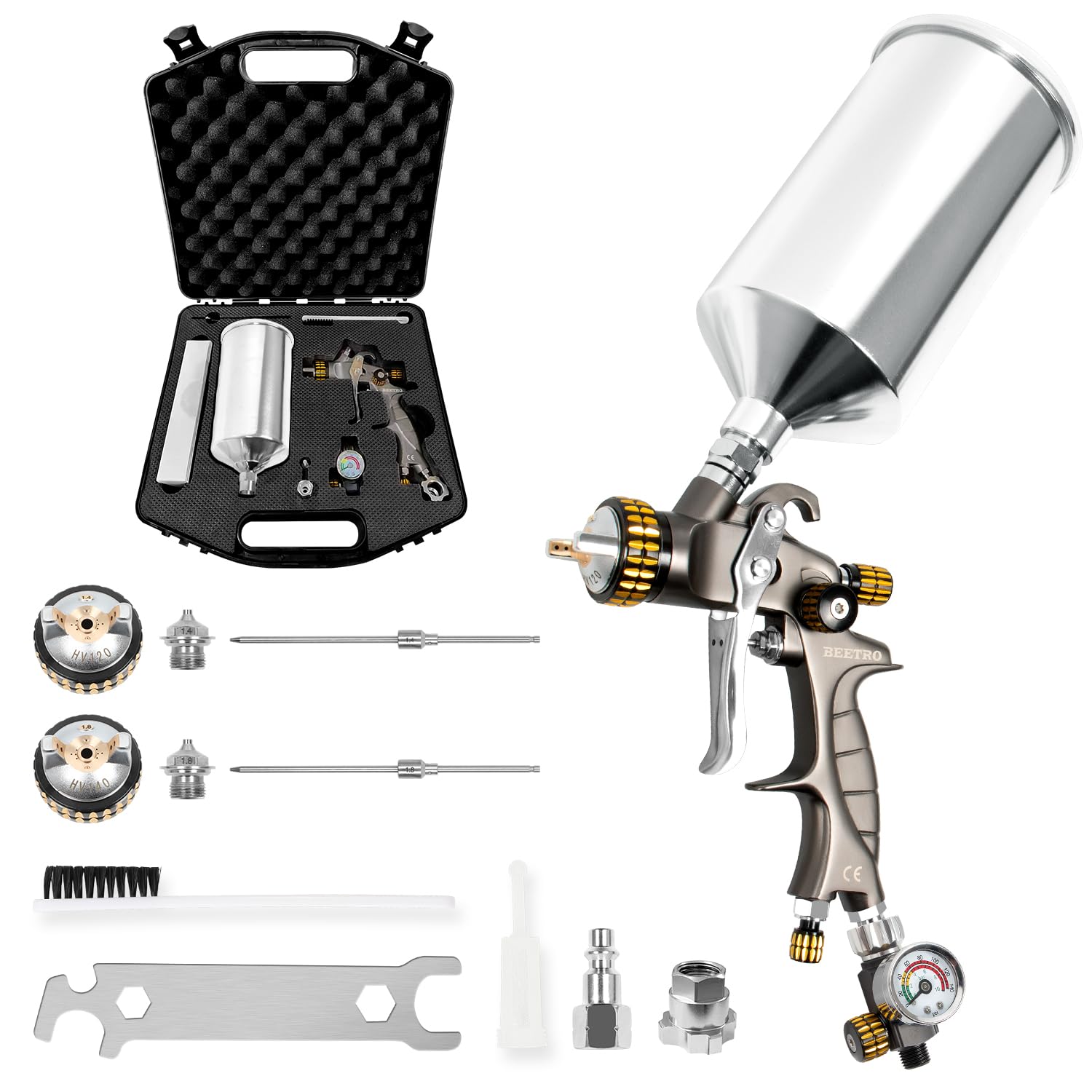 BEETRO Pistola de pulverização de ar HVLP com caixa de armazenamento, capacidade de 1000 ml 14,3 CFM 29-32psi 1,4/1,8 mm bocais de aço inoxidável com adaptador tipo 2 pulverizador profissional de