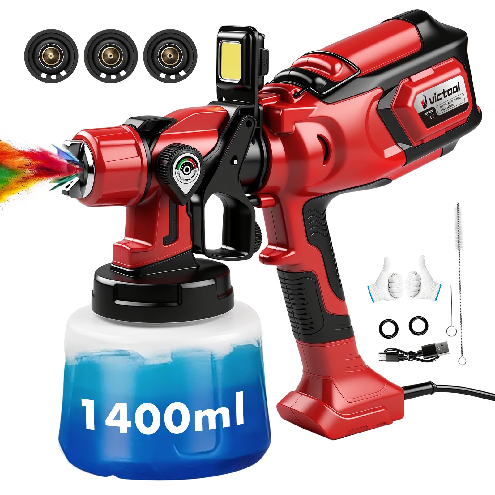 Victool Pistola de Pintura Elétrica 650W 1400ml com Bico 1.0/1.8/2.5mm 127V 60Hz, Pulverização Ajustável, LED Integrado, Sistema de Limpeza e Uso para Tintas à Base de Água e Solvente