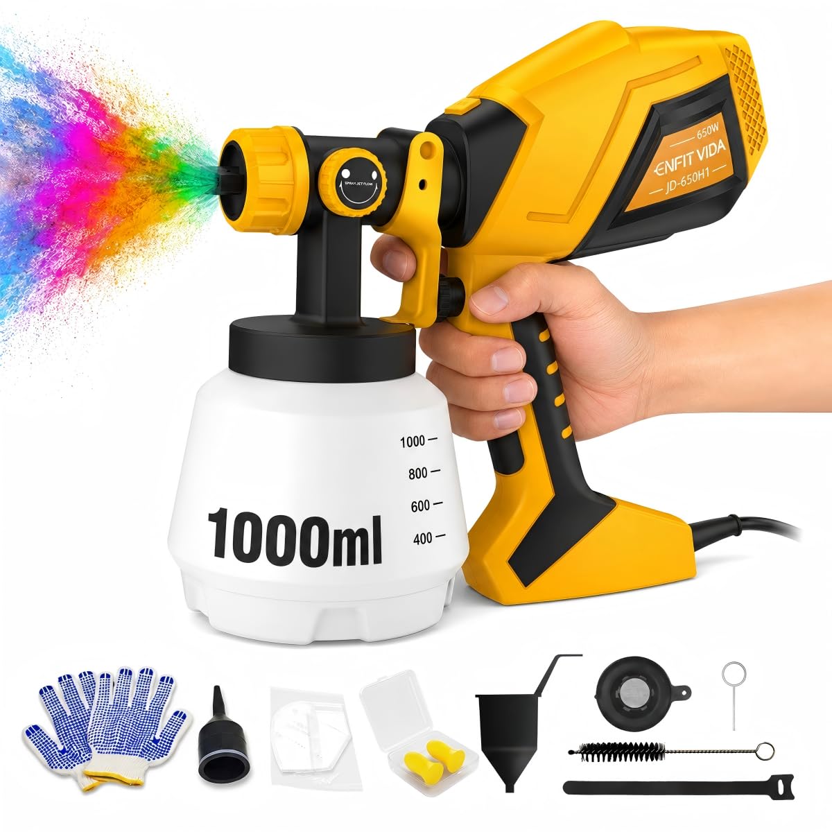 Pistola de Pintura HVLP Portátil 650W 127V, Reservatório 1000ml,Cabo 2m com 3 Bicos Latão 1.0/1.8/2.5mm Pulverizador Elétrico de Tinta 3 Modos de Jato para Móveis Paredes Automotivo DIY Decoração Casa
