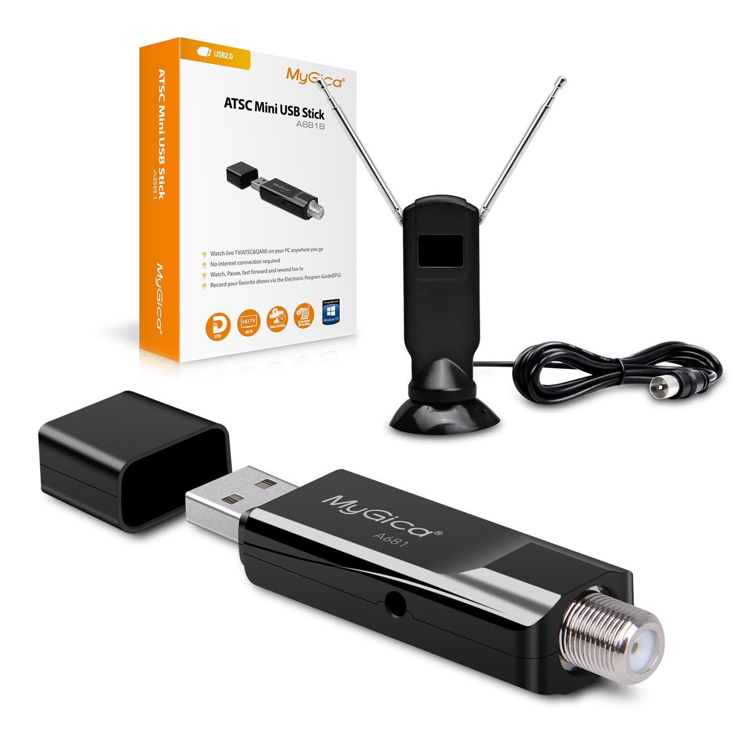 Mygica Antena de cartão sintonizador de TV USB analógica A681B, adaptador de dongle de sintonizador externo HDTV digital ATSC HD para Windows, Linux, para PC, computador, laptop, Android TV Box