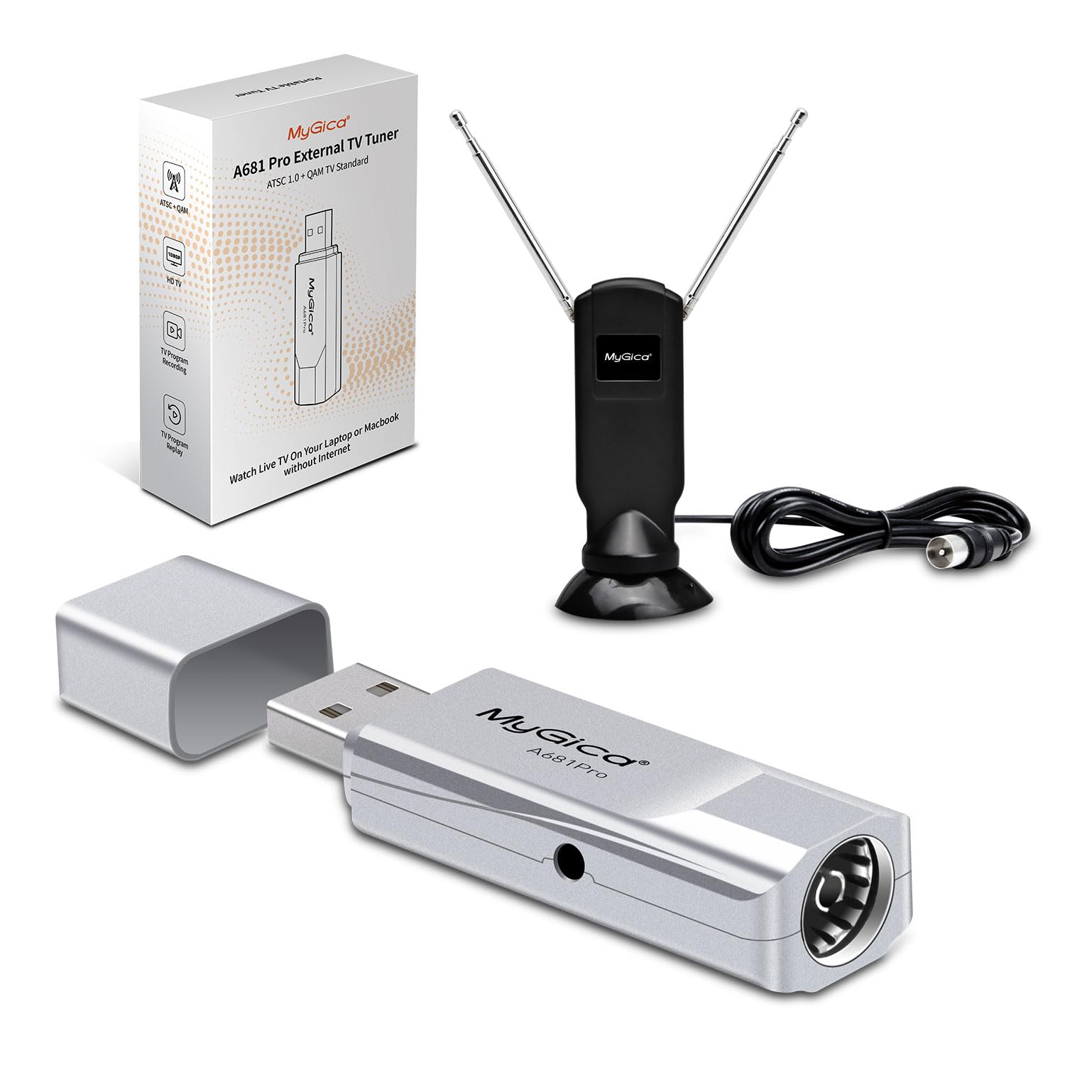 Mygica Sintonizador de TV externo A681 Pro, dongle USB HDTV digital, formato ATSC 1.0 e QAM TV, compatível com MacBook e Windows PC - Prata