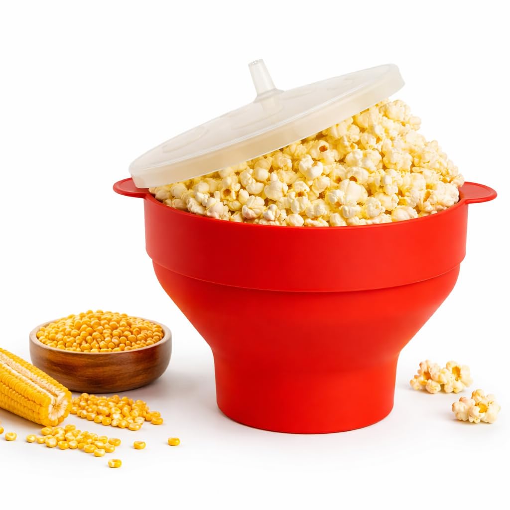 Pipoqueira de Microondas, de Silicone Dobrável – Com Tampa, 2.5L, Prepara Pipoca sem Óleo, Fácil de Usar e de Limpar, Vermelha