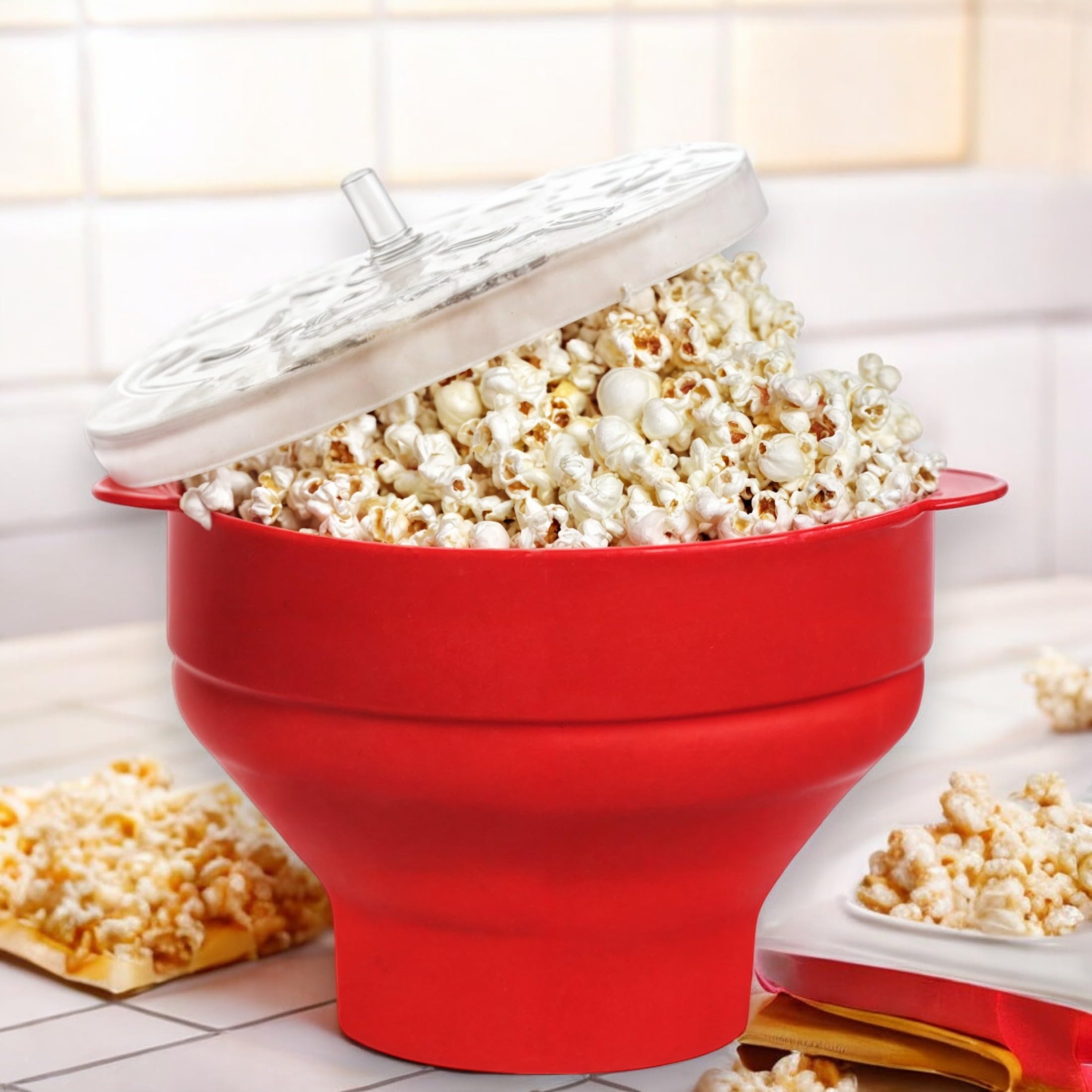 Pipoqueira de Silicone para Micro-ondas, Recipiente Dobrável Vermelho, Grande Capacidade, Preparação Sem Óleo, com Tampa
