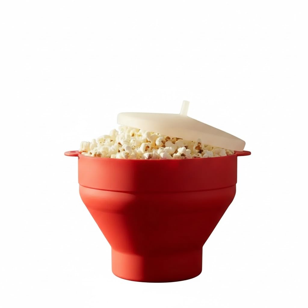 Pipoqueira Retrátil de Silicone para Microondas, Vermelho, com Tampa Antiaderente de Silicone,