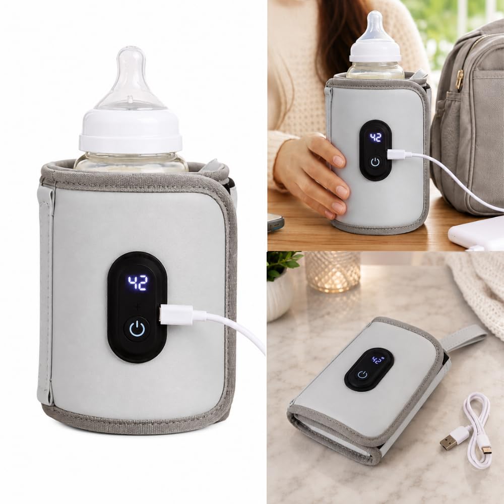Bolsa Aquecedora de Mamadeira Portátil USB para Casa, Viagem e Passeios, Cinza