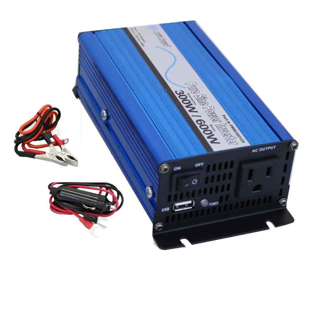 AIMS Power PWRI30012S Inversor de energia senoidal pura com porta USB, 12 VDC 300 Watt de potência contínua, potência máxima de 600 watts, porta USB, cabos incluídos