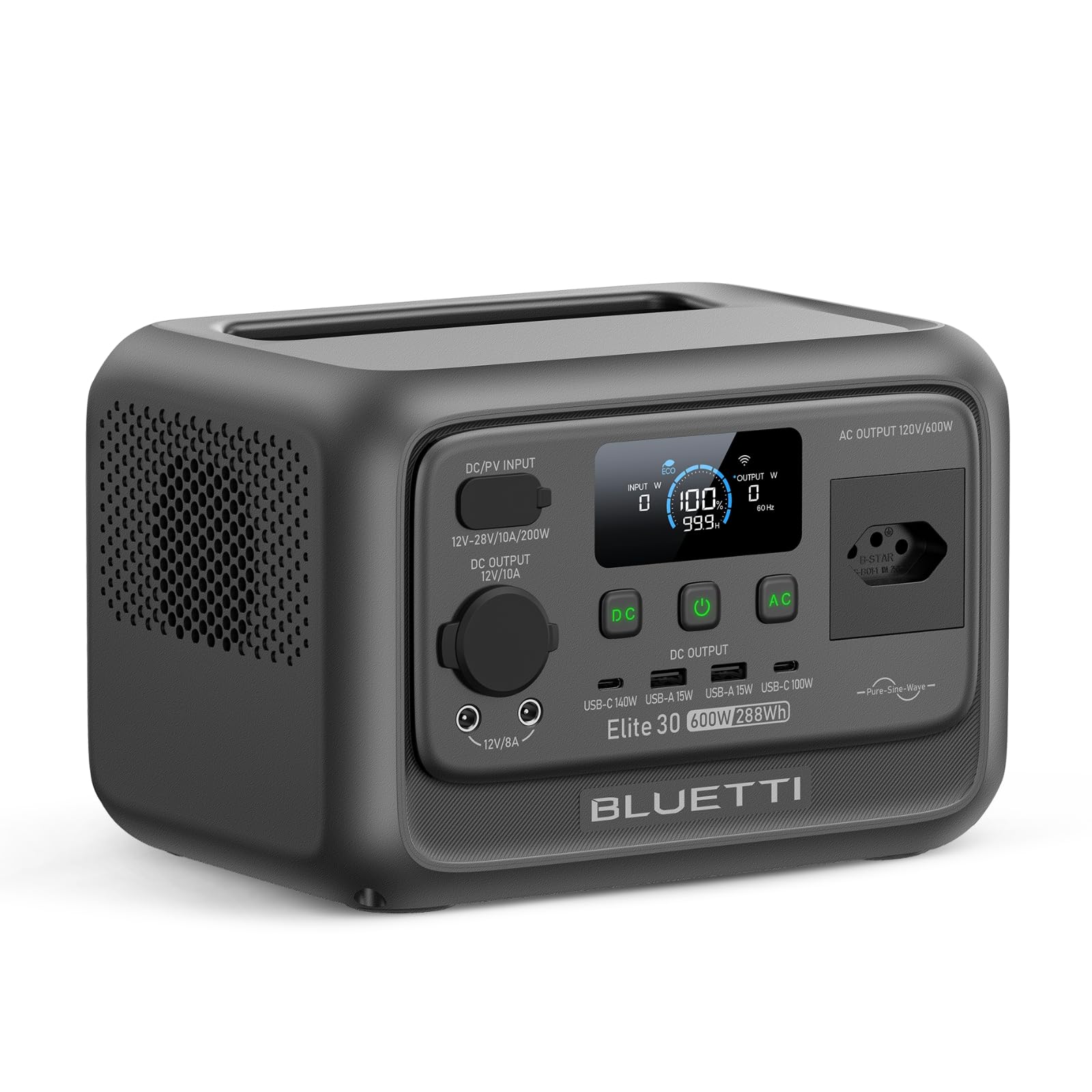 BLUETTI Elite 30 V2 Estação de Energia Portátil 120V|288Wh, Gerador Solar, 600W Tomadas CA (Power Lifting 1500W), Carregamento Rápido, Bateria LiFePO4 para Camping, Viagens e Quedas de Energia