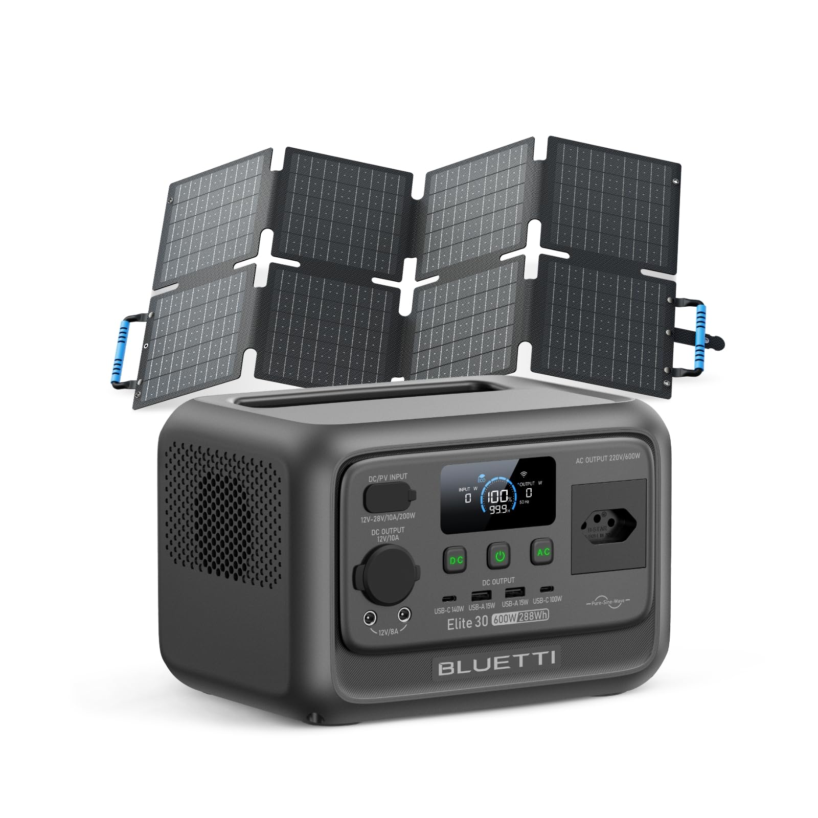 BLUETTI Elite 30 V2 Gerador Solar com Painel Solar de 60W, Estação de Energia Portátil LiFePO₄ de 288Wh, Saída CA de 220V|600W (1500W Pico), para Camping, Uso Residencial e Emergências