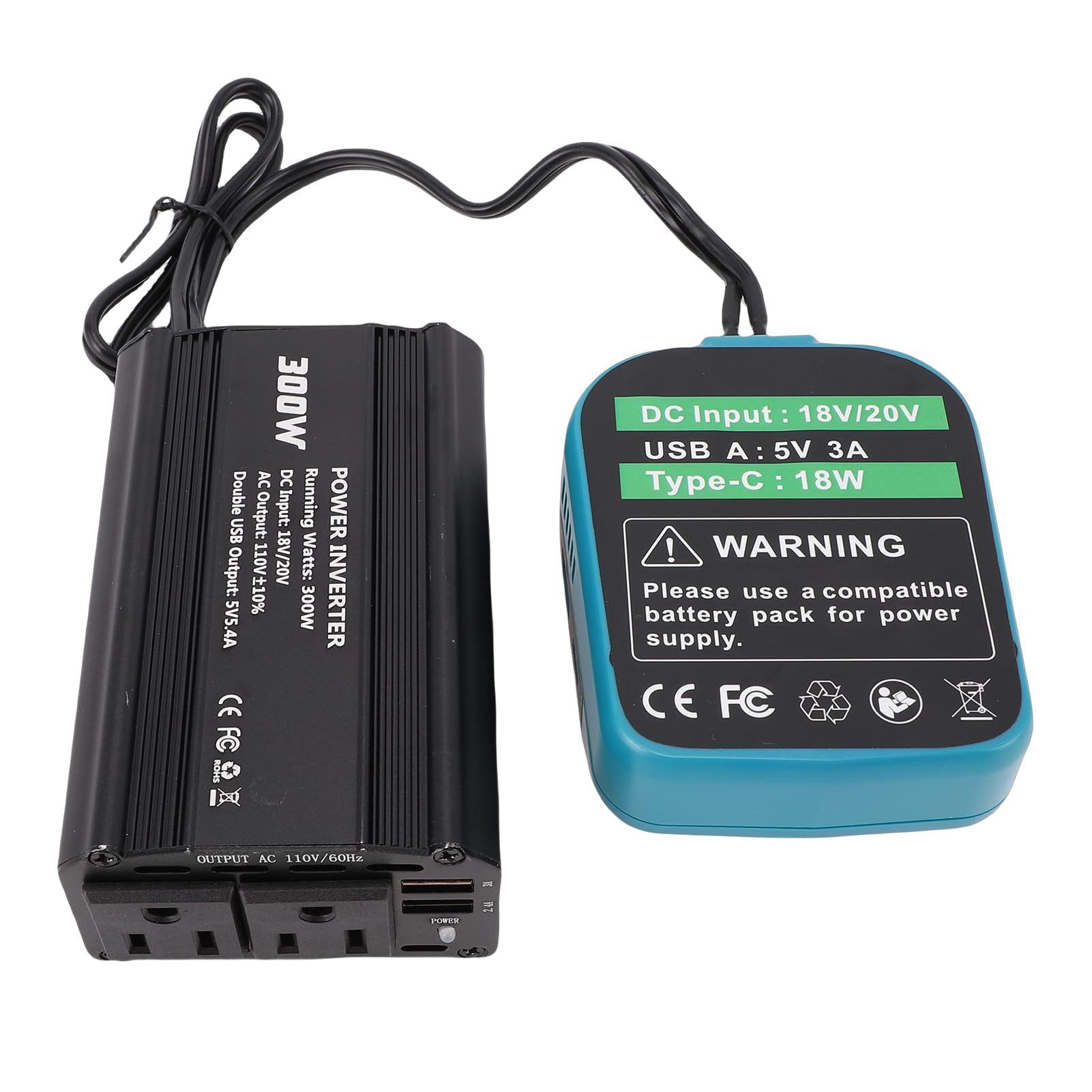 Diydeg Inversor de Energia de 300 W Compatível Com Bateria BL1850, 2 Tomadas CA 3 Portas USB A 1 Porta USB C Conversor Portátil de Bateria Externa para Carros, Veículos, Laptop