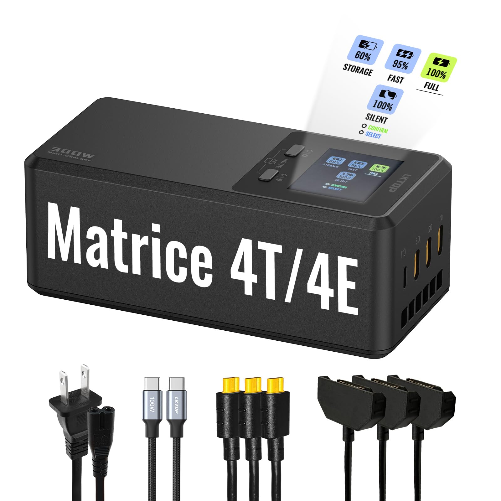 LKTOP Hub de carregamento paralelo 300 W para DJI Matrice 4 Series 4T/4E, estação de carregamento de bateria rápida com telas LCD de 3,8 cm, 4 modos (armazenamento de 60% / 95% rápido), 100 W USB-C PD
