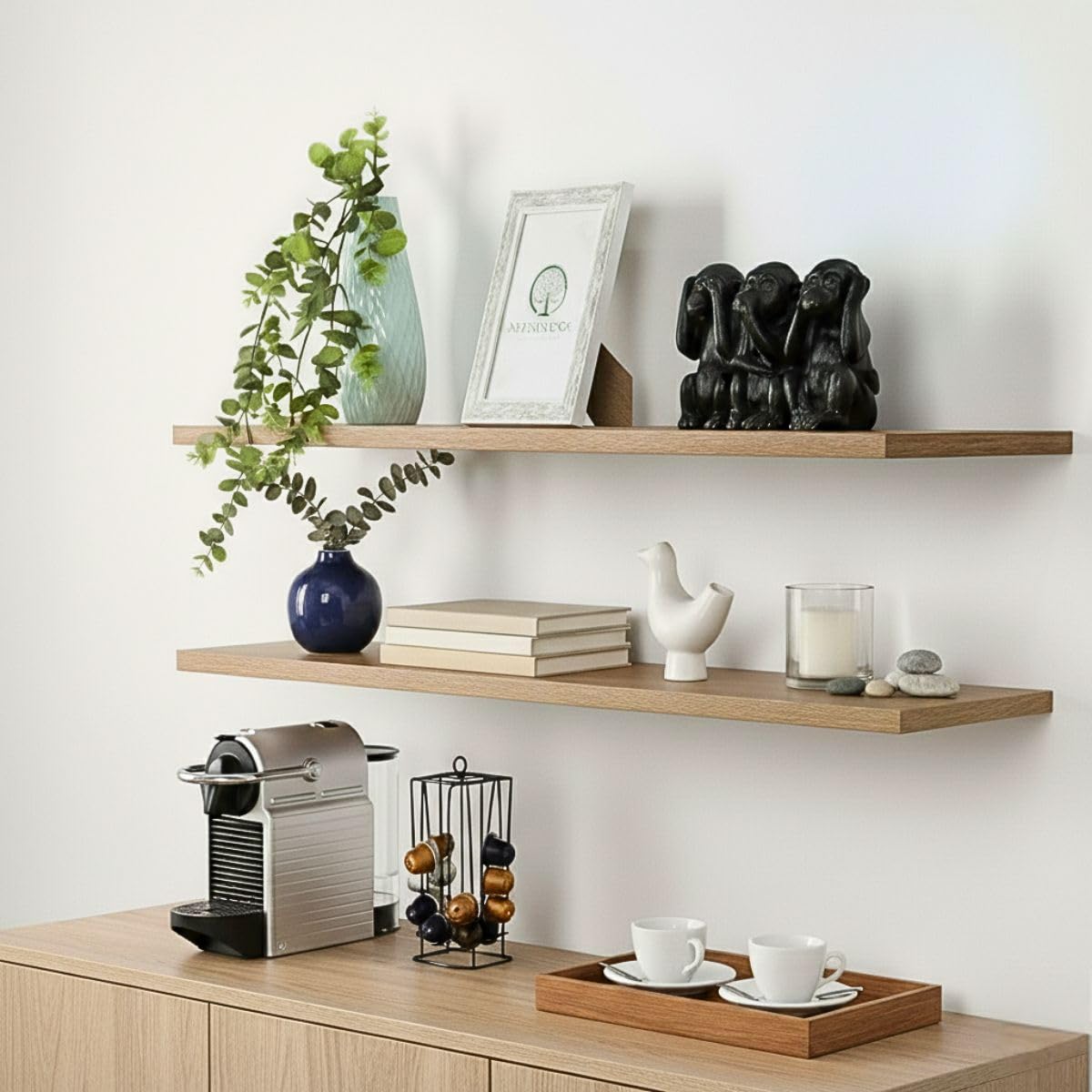 Kit 2 Prateleiras Flutuante Rústica 60x15cm em MDF Amadeirado Louro Freijó com Suporte Invisível – Prateleira de Parede Decorativa para Sala, Quarto, Cozinha e Escritório – Refloresça