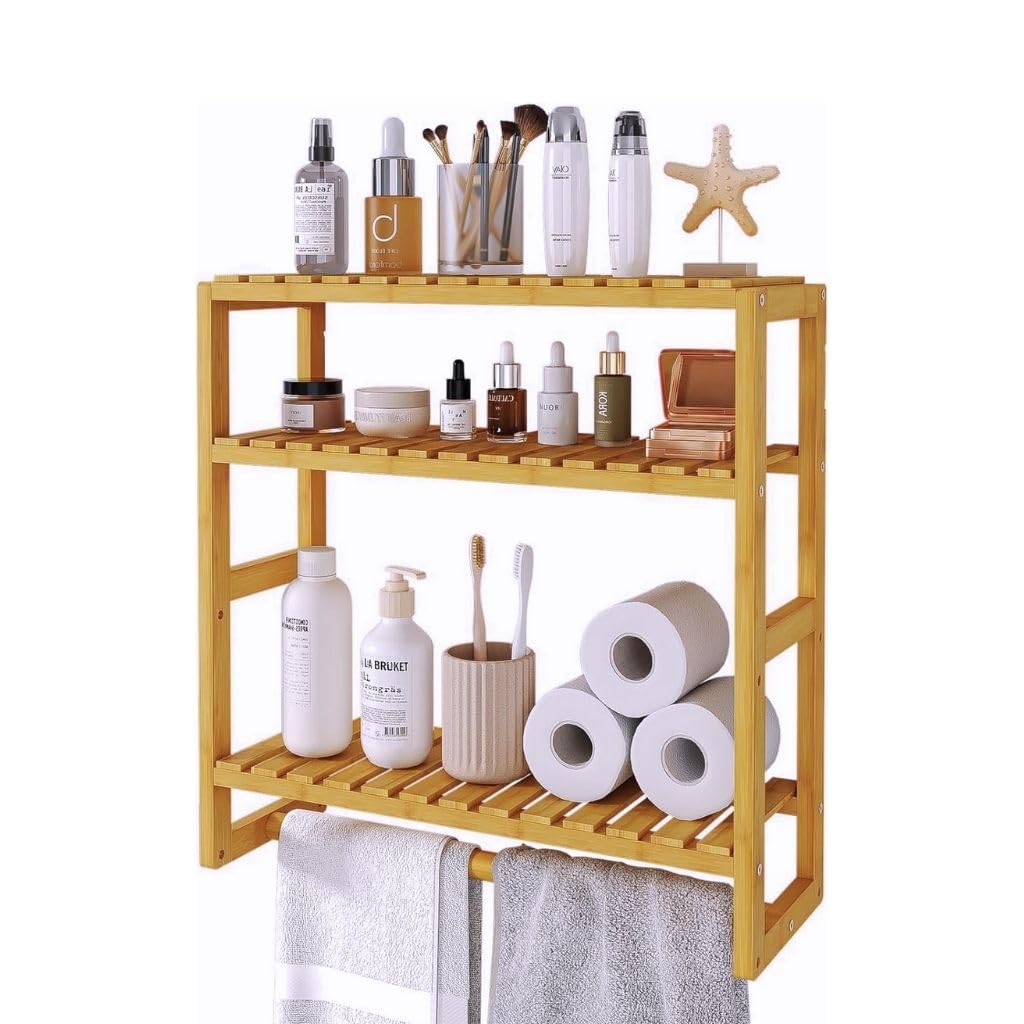 Heimon Prateleira Flutuante Multifuncional de Bambu 50cm com 3 Andares, Ajuste de Altura e Porta Toalha (Natural)
