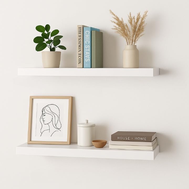Kit 2 Prateleiras MDF Branco 80x15 cm com Suporte Invisível — Prateleira Flutuante Multiuso para Sala, Quarto, Escritório e Cozinha