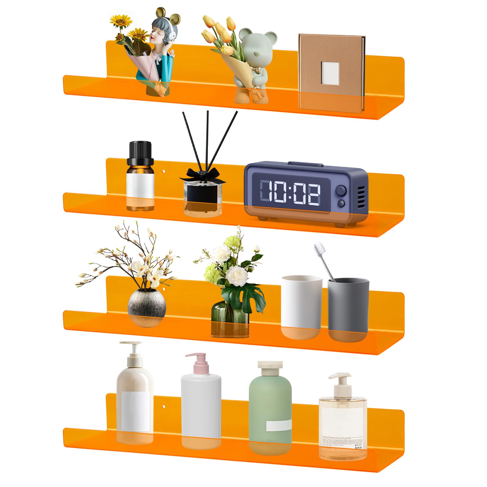 Dezzer Pacote com 4 prateleiras de acrílico para parede, prateleiras flutuantes de acrílico de 38 cm para banheiro, quarto, estante invisível, prateleira de armazenamento de parede, livros, brinquedos