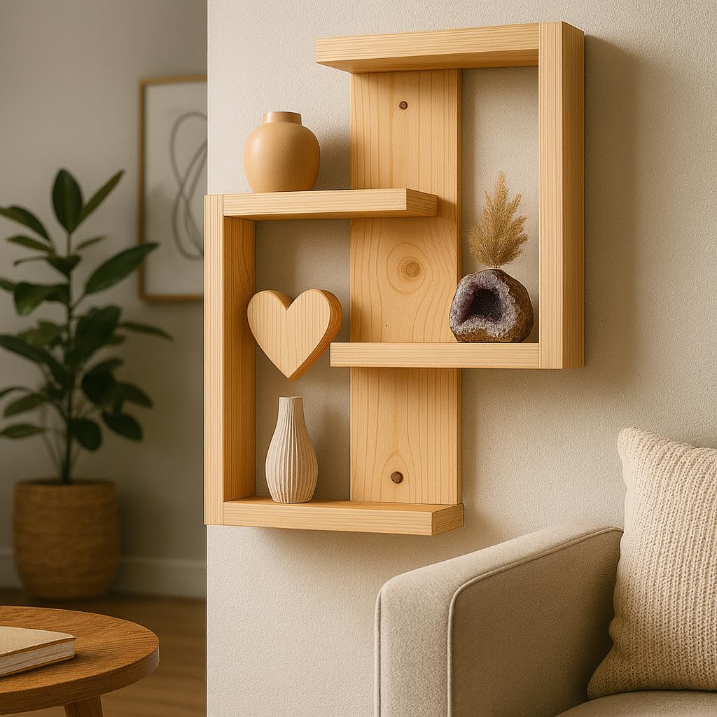 Prateleira de Parede em Madeira Natural 50x44cm |Instalação Sem Furos | Flutuante Moderna | Sala Quarto Cozinha | Minimalista | Decoração | Loft Hall – by Ateliê TH Wood Art
