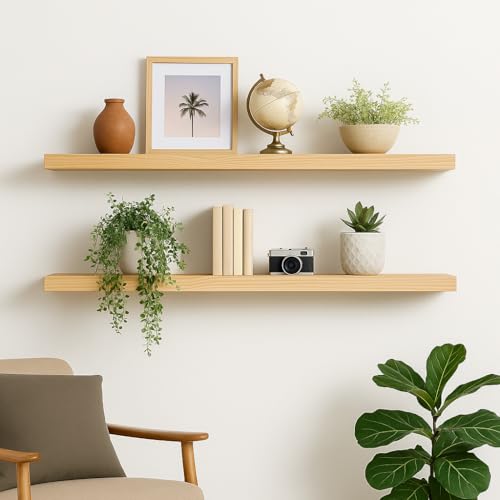 Kit 2 Prateleiras Flutuantes Madeira Maciça com Suporte Invisível, Prateleira Decorativa Rústica para Sala, Cozinha e Banheiro(60 Centimetros,Natural)