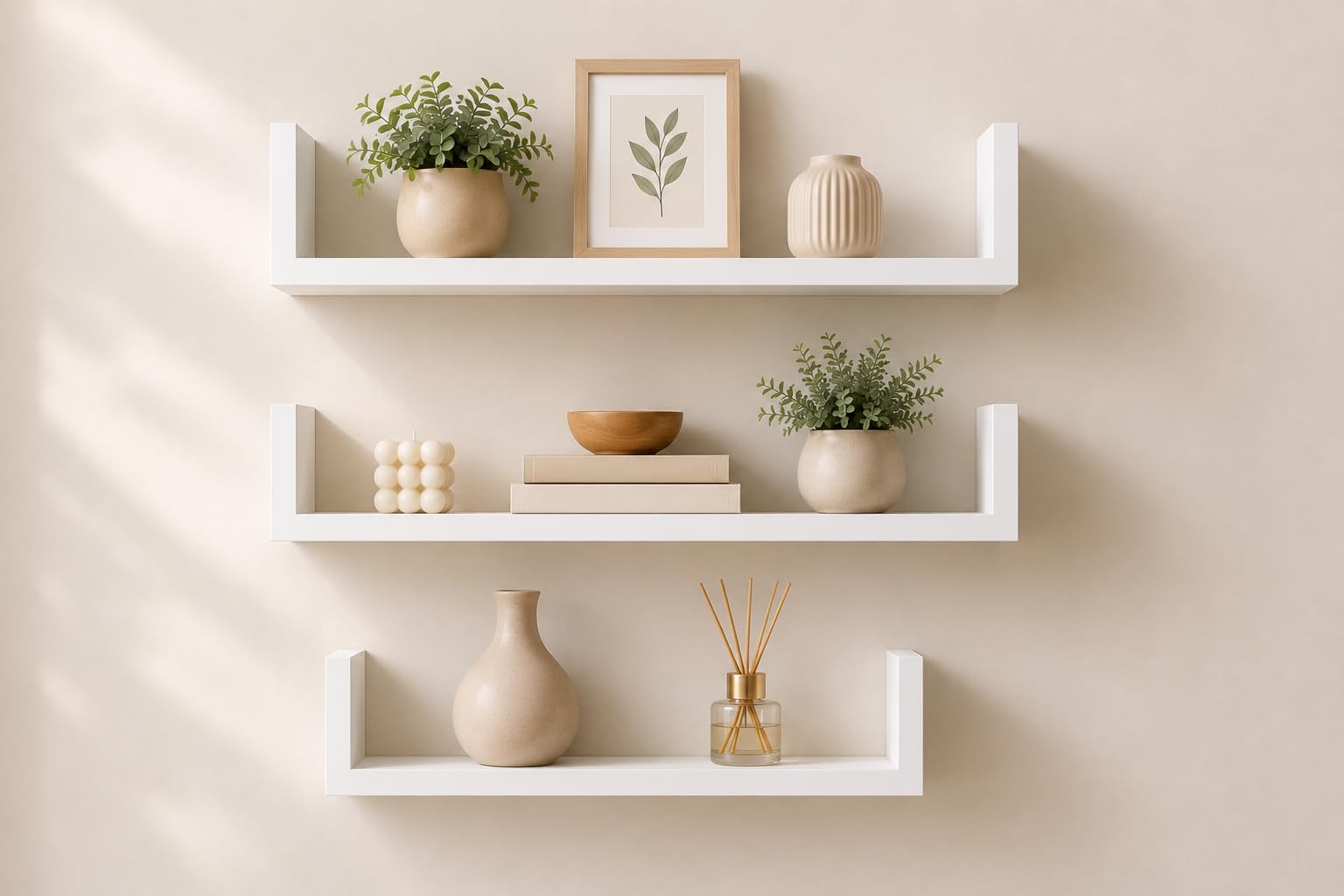 Kit 3 Prateleiras Flutuantes em U, MDF 15mm Branco, 60cm, 50cm e 40cm, Suporte Invisível, Design Moderno, Decorativo, Organizador