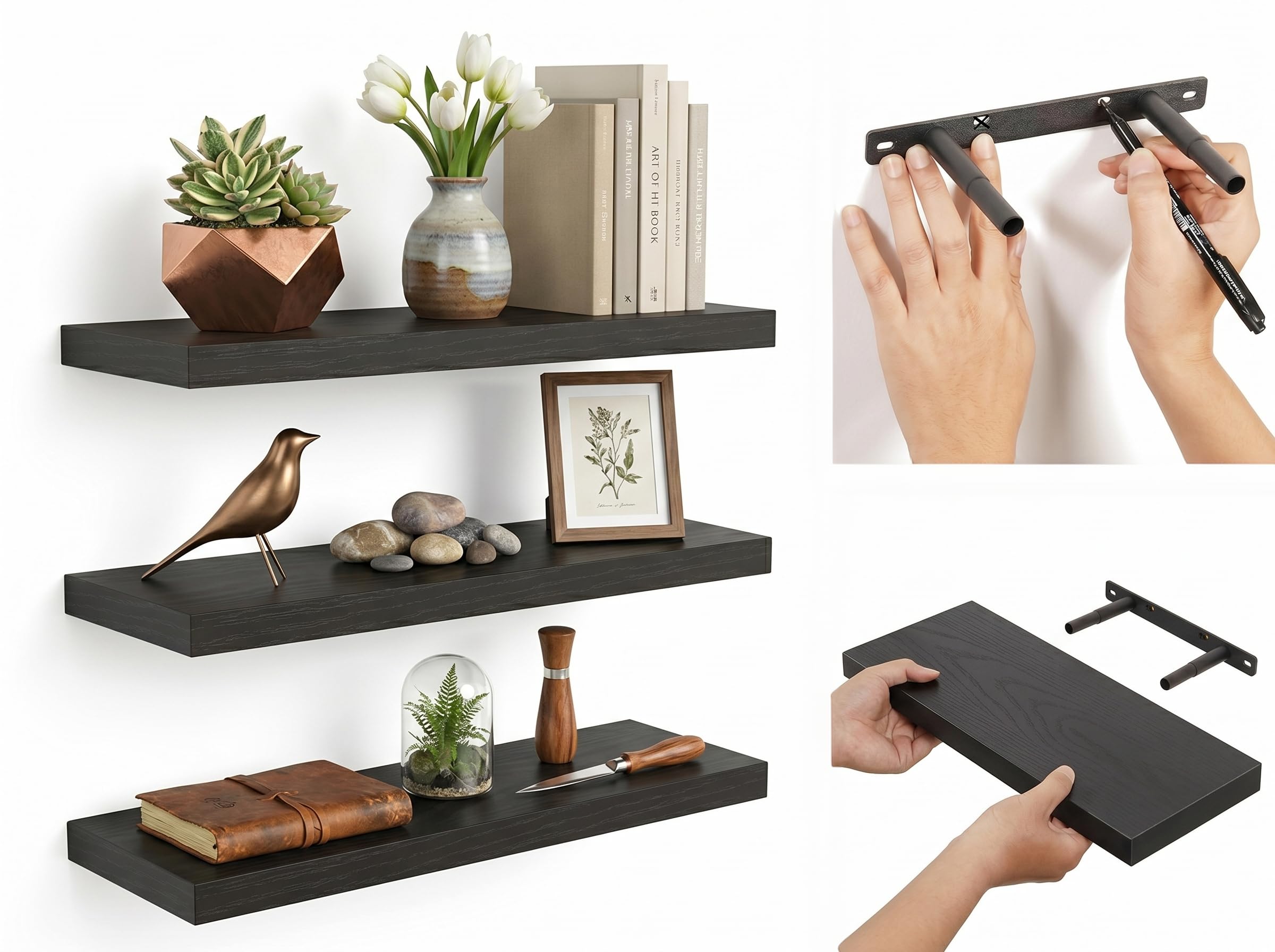Kit 3 Prateleiras Flutuantes MDF com Suporte Metálico para Parede 40cm Decorativa