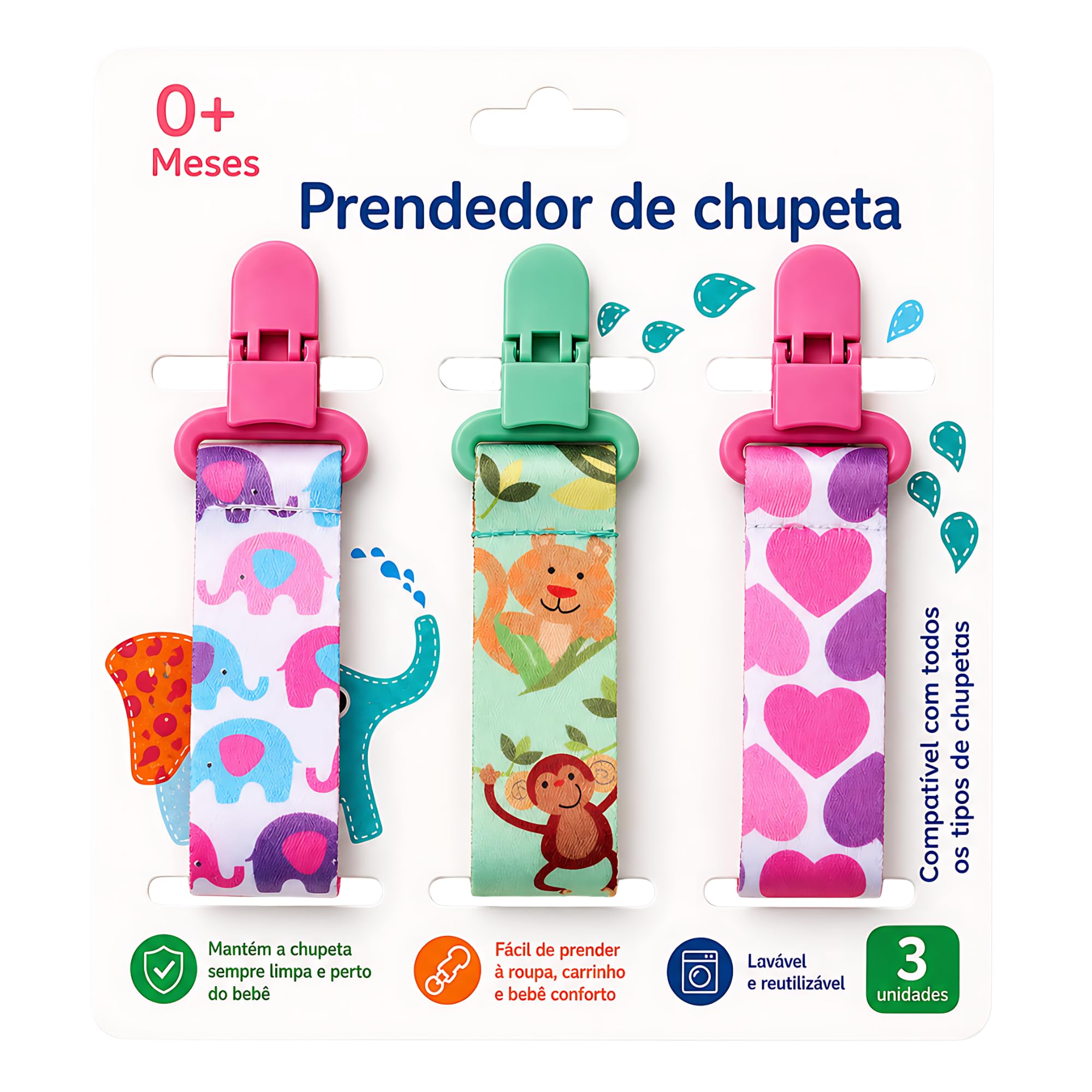 Kit 3 UN. Prendedor de Chupeta Menina Estampas Fofas Elefante - Coração | Cores Vibrantes e Estampas Fofas - Clip Forte Alto Padrão de Qualidade - CodaTech