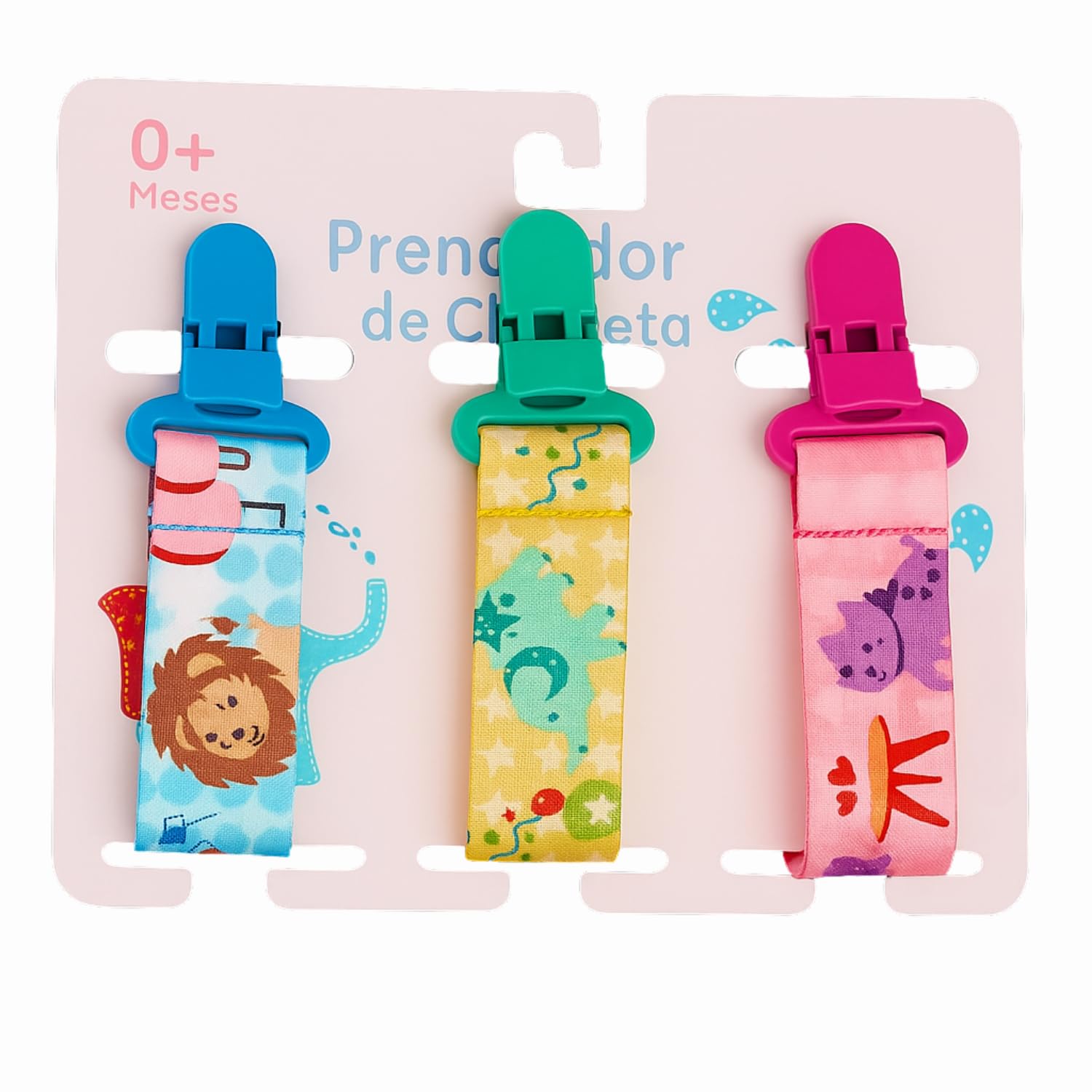 Kit 3 Unidades Prendedor de Chupeta Infantil Menino/Menina CodaTech (LEÃO-ELEFANTE-GATINHA)