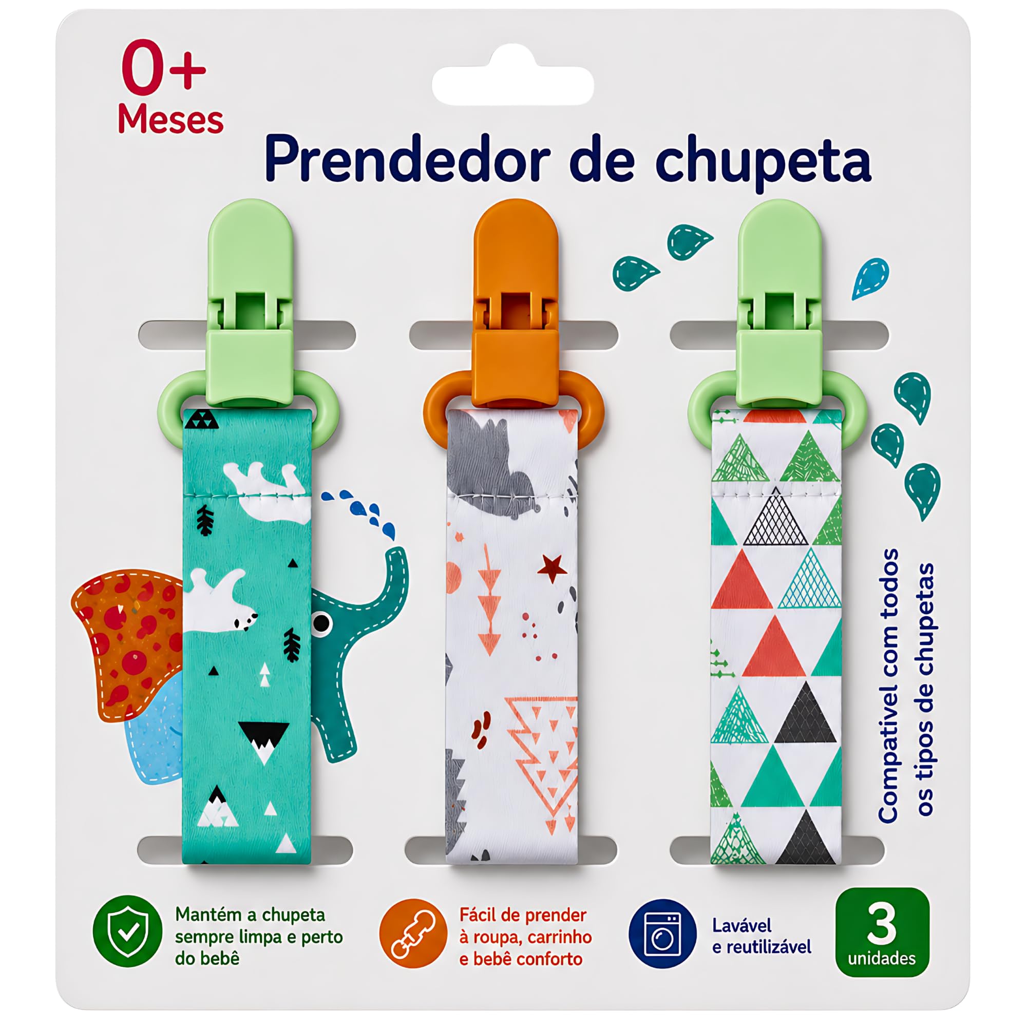 Kit 3 UN. Prendedor de Chupeta Menino Neutro - Triângulo/Urso Polar | Estampas Lindas Alto Padrão de Qualidade - CodaTech