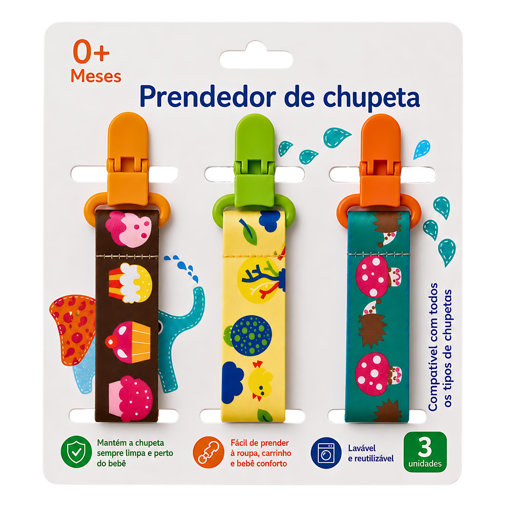 Kit 3 UN. Prendedor de Chupeta Neutro Menino Menina - Cupcakes - Cogumelos | Estampas Lindas Alto Padrão de Qualidade - CodaTech
