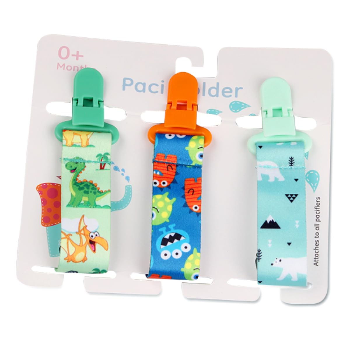 Kit 3 Prendedor de Chupeta Universal Menino e Menina Diversas Estampas Fácil de Limpar (Dino, ursinho e monstrinho)