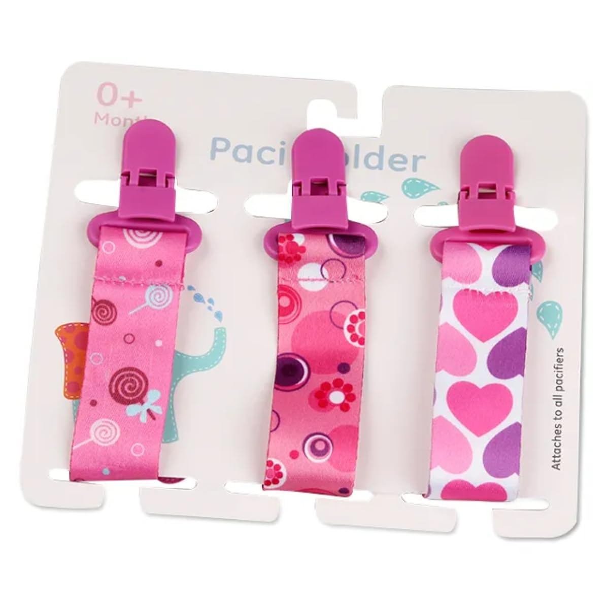Kit 3 Prendedor de Chupeta Universal Menino e Menina Diversas Estampas Fácil de Limpar (Pirulito, coração e flor)