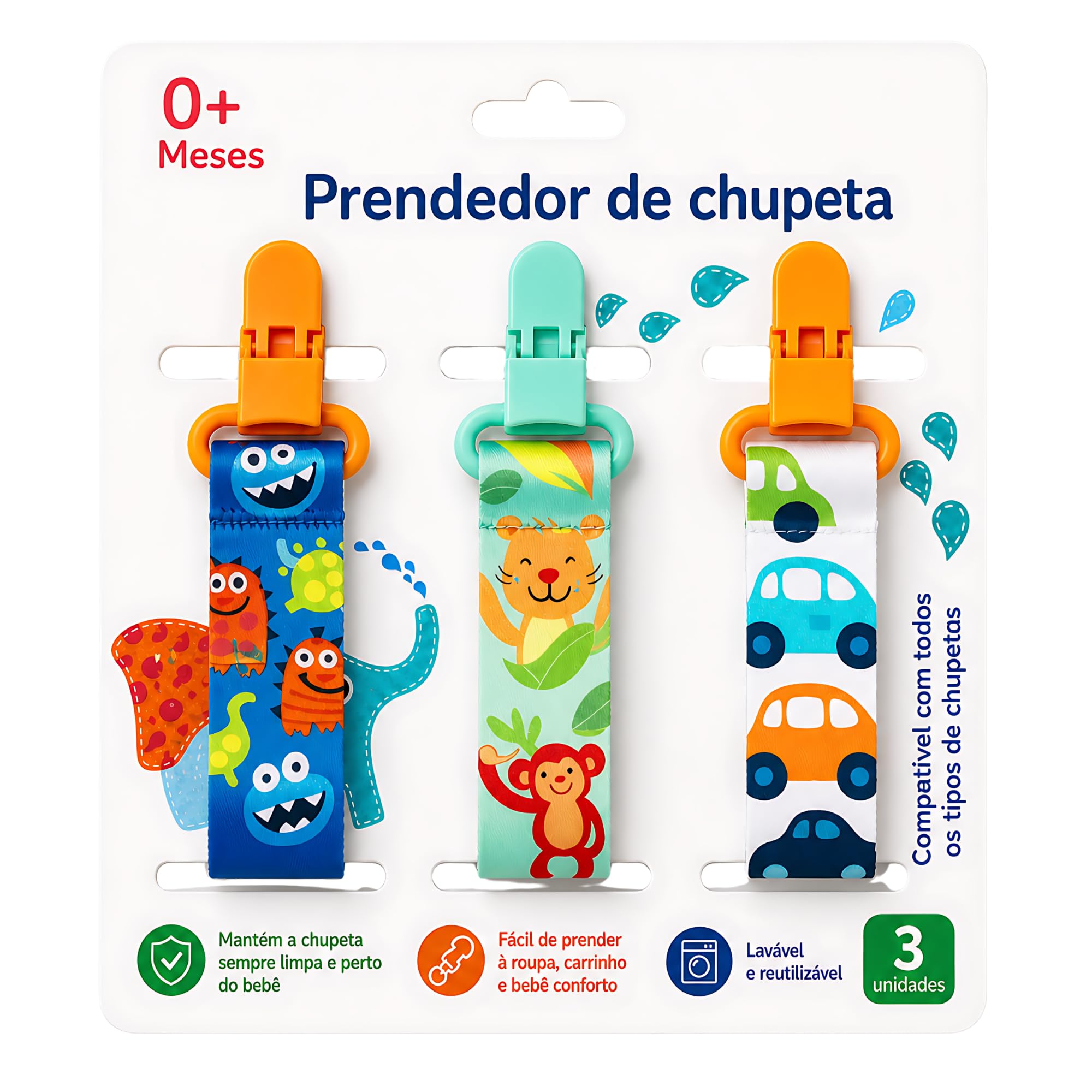 Kit 3 UN. Prendedor de Chupeta Neutro Menino - Bichinho/Safari/Carrinho | Estampas Lindas Alto Padrão de Qualidade - CodaTech