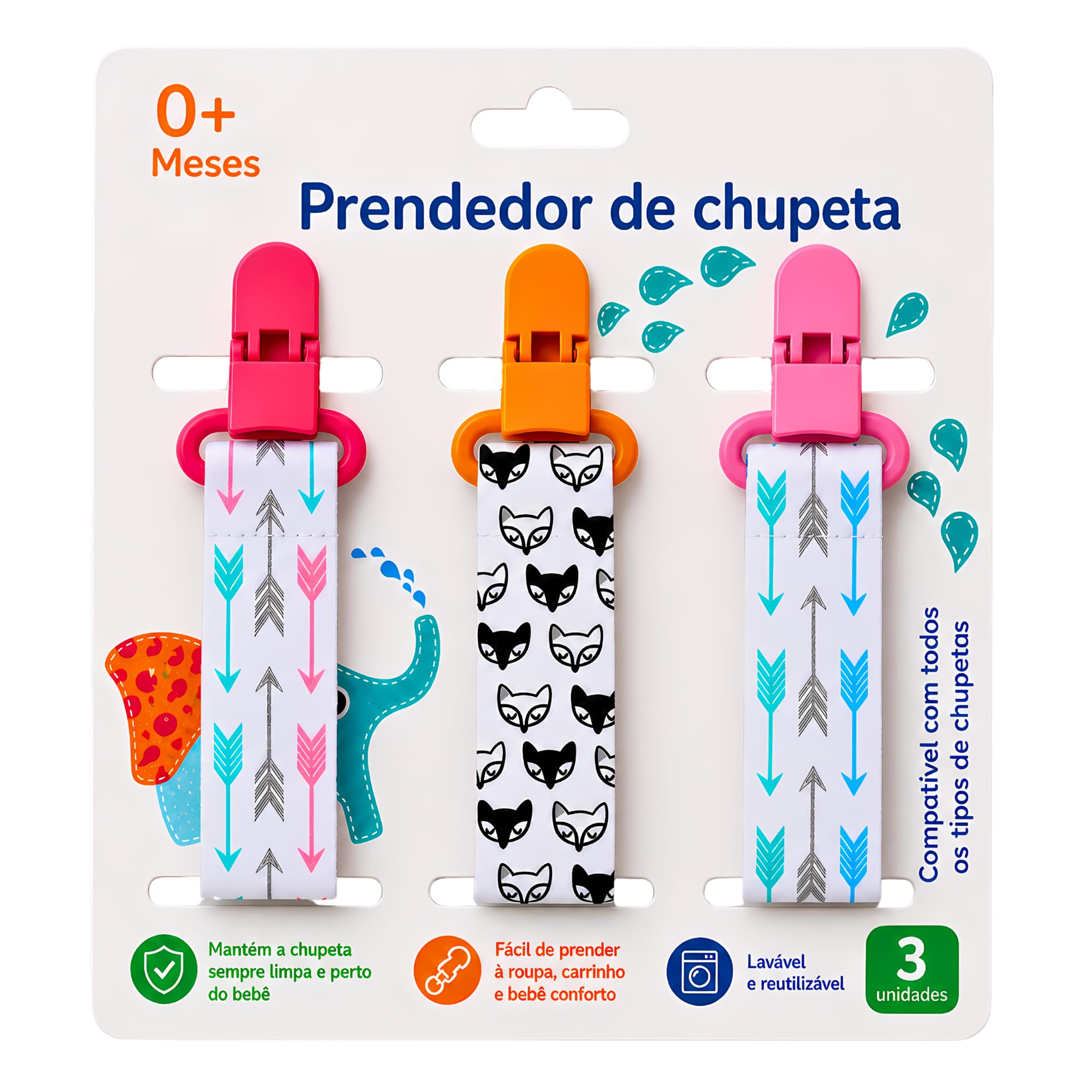 Kit 3 Un. Prendedor de Chupeta Cores Vibrantes Estampas Fofas - Flexinhas | CODATECH - Alto Padrão de Qualidade