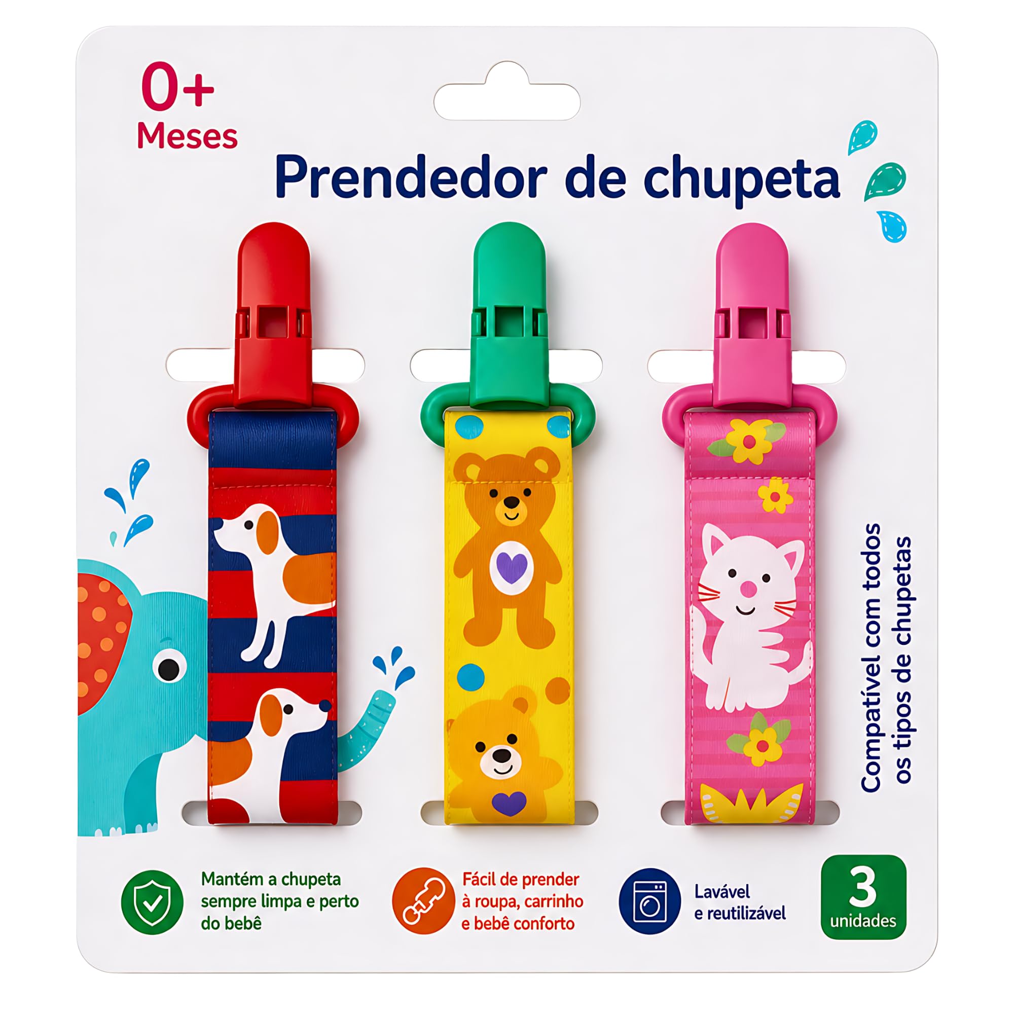 CODATECH Kit 3 UN. Prendedor de Chupeta Menino/Menina Estampas Lindas Alto Padrão de Qualidade - Cachorro, Urso e Gatinha