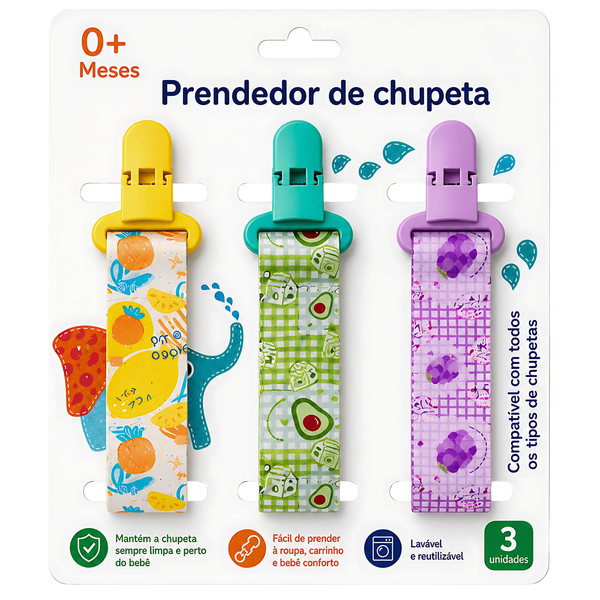 Kit 3 UN. Prendedor de Chupeta Menina Neutro - Abacaxi/Abacate/Uva | Estampas Lindas Alto Padrão de Qualidade - CodaTech
