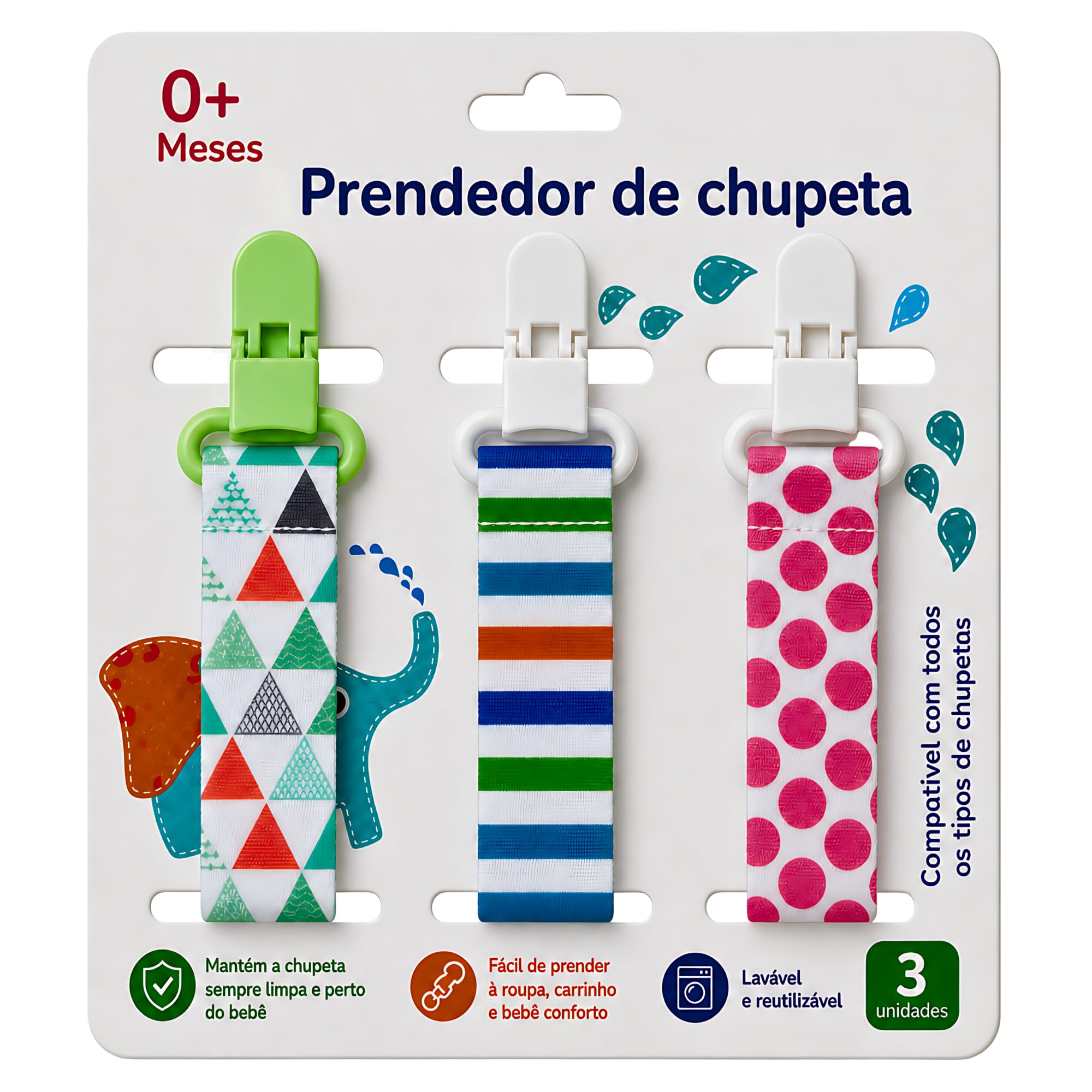 CODATECH Kit 3 UN. Prendedor de Chupeta Menina - Triângulo/Bolinhas | Estampas Lindas Alto Padrão de Qualidade - CodaTech