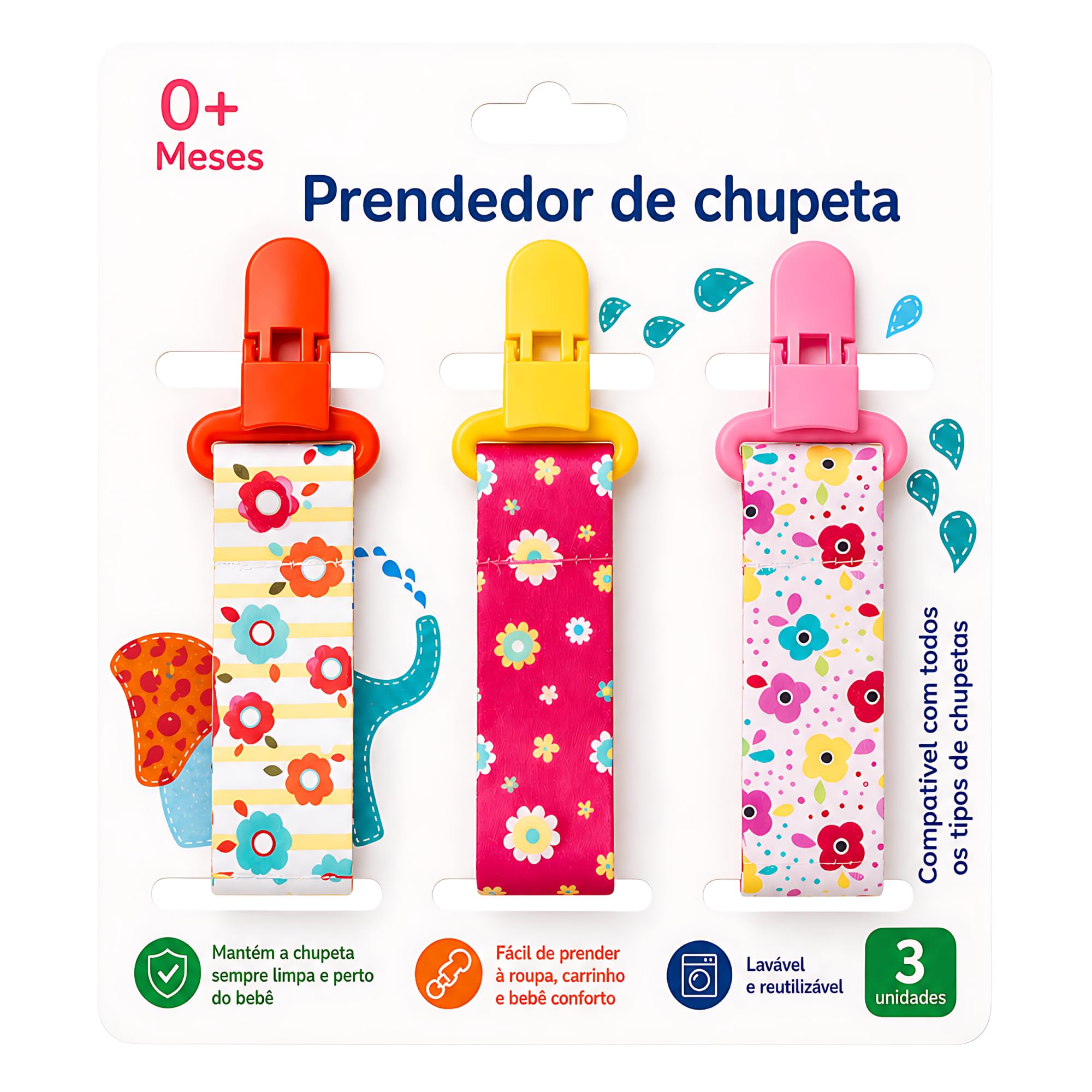 CodaTech - Kit 3 UN. Prendedor de Chupeta Menina Estampa: Flores | Estampas Lindas Alto Padrão de Qualidade - CodaTech