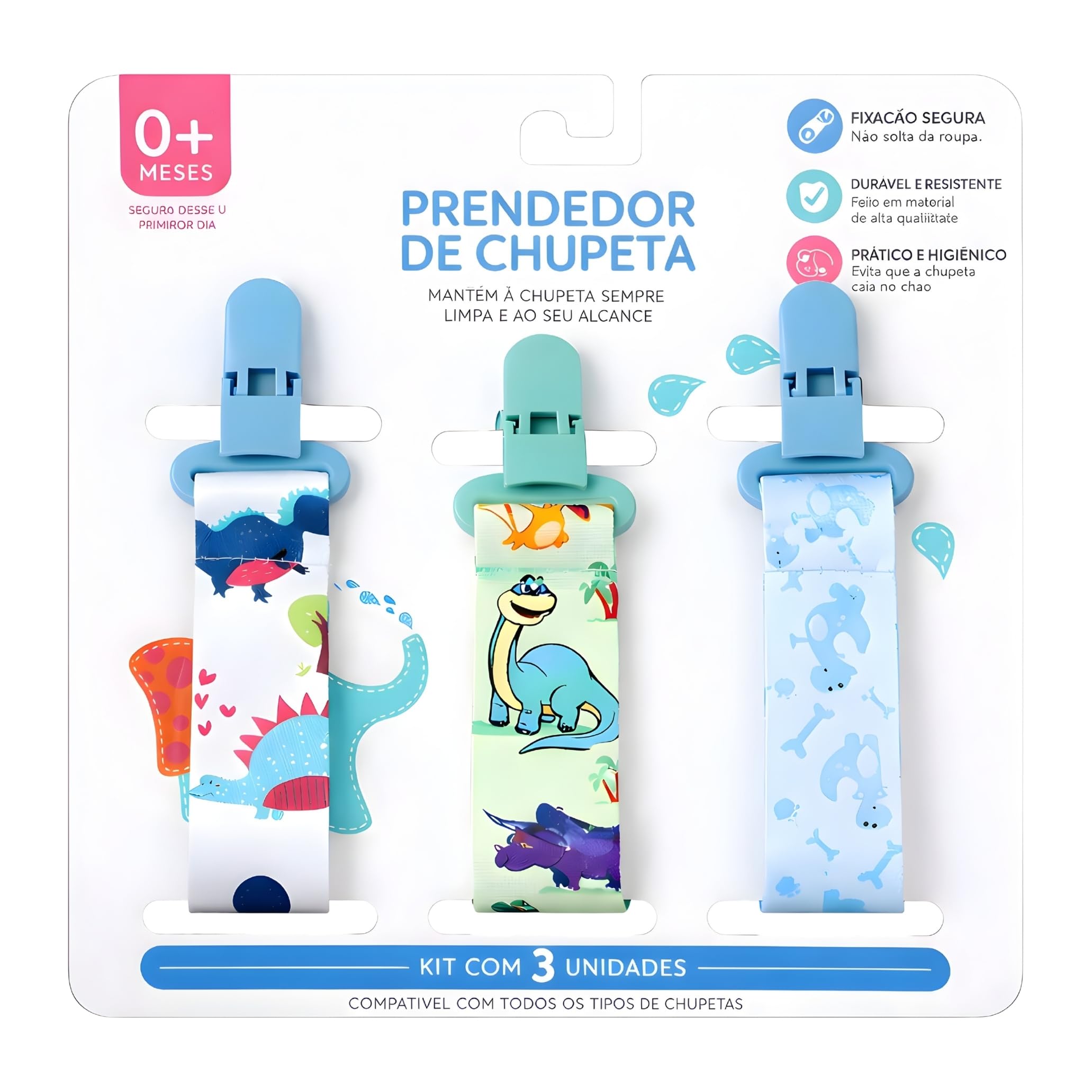 Kit 3 UN. Prendedor de Chupeta Menino - Dinossauros | Estampas Lindas Alto Padrão de Qualidade - CodaTech