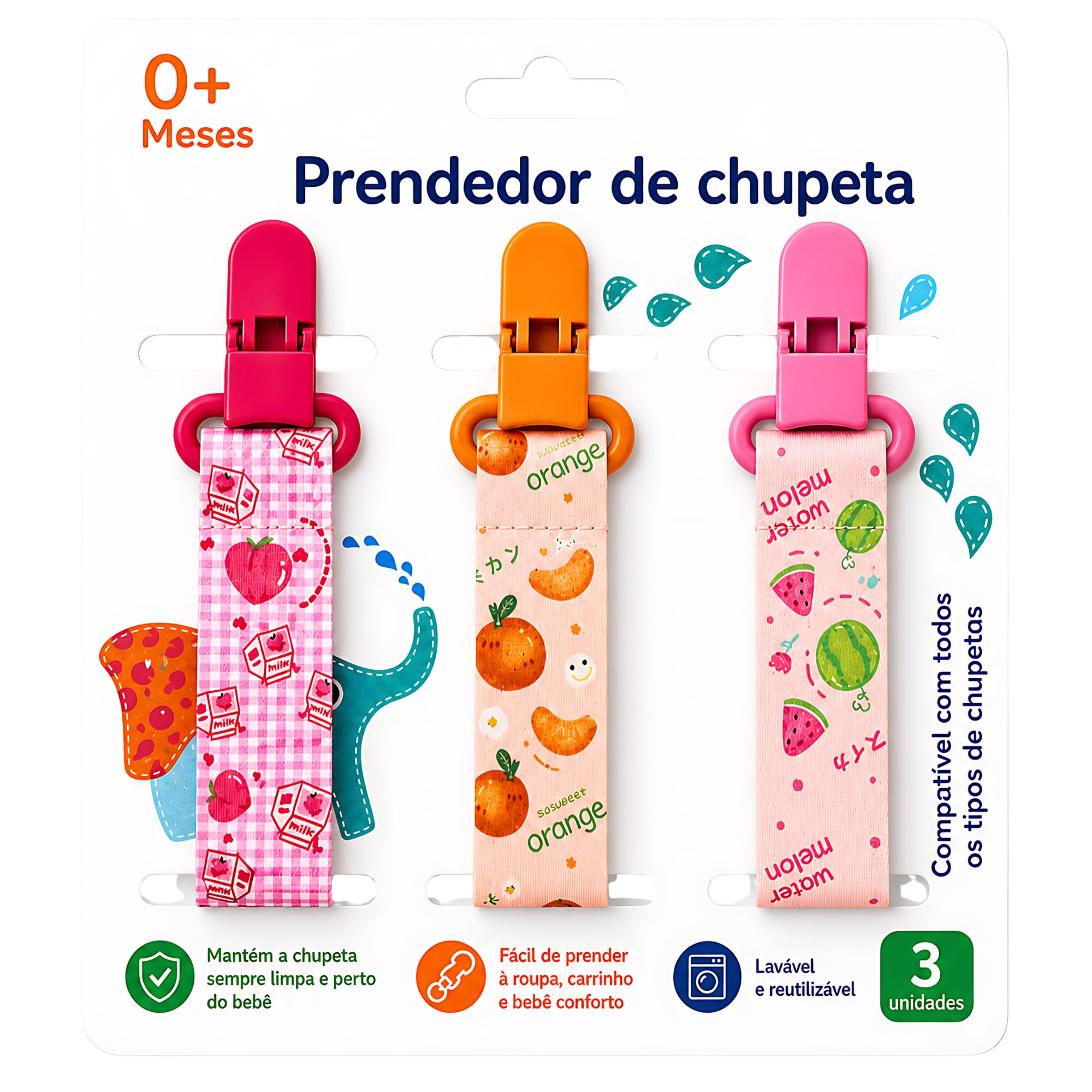 CODATECH Kit 3 UN. Prendedor de Chupeta Menino/Menina Estampas Lindas Alto Padrão de Qualidade - Frutas Vermelhas