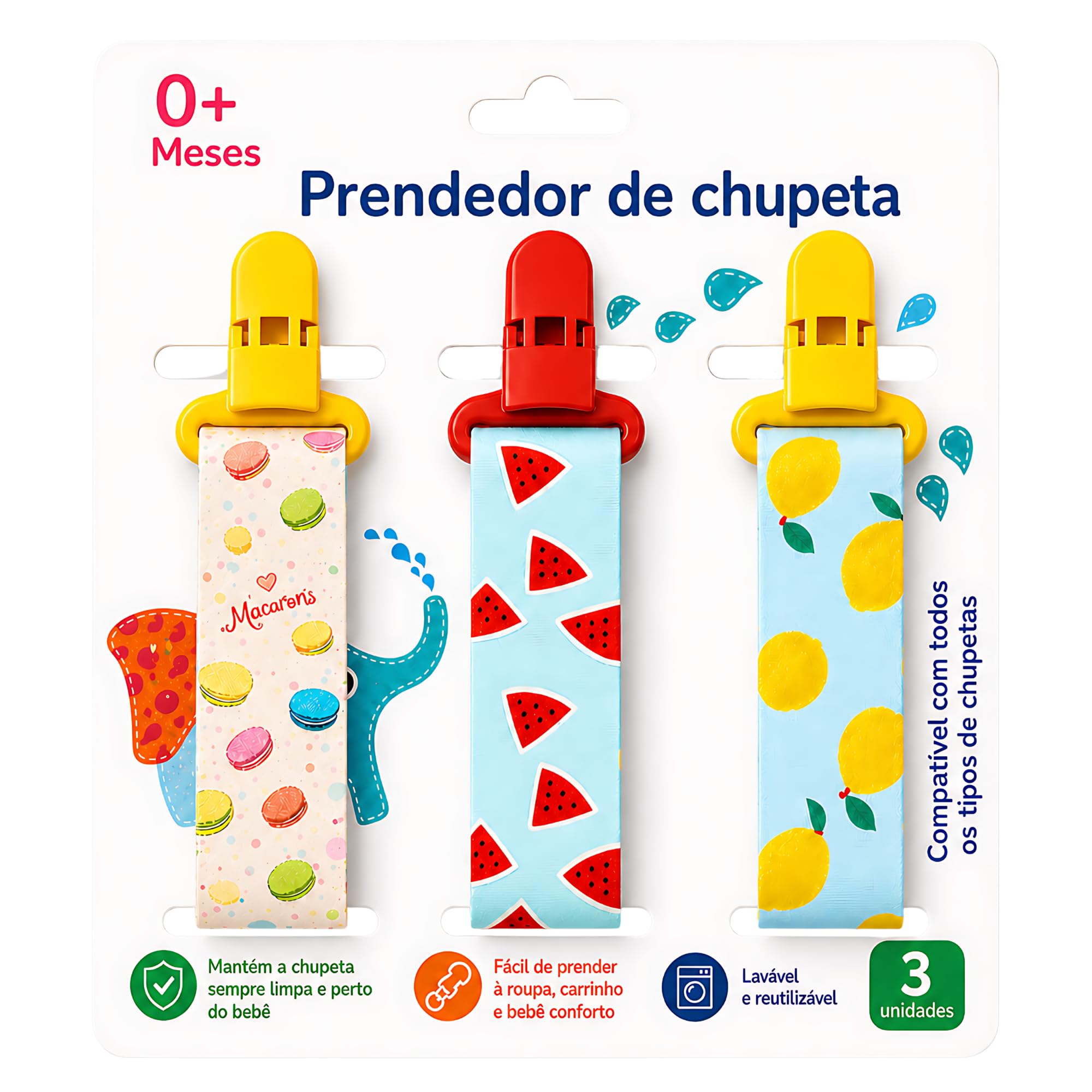 Kit 3 UN. Prendedor de Chupeta Menina - Macarons, Melancia e Limão | Estampas Lindas Alto Padrão de Qualidade - CodaTech