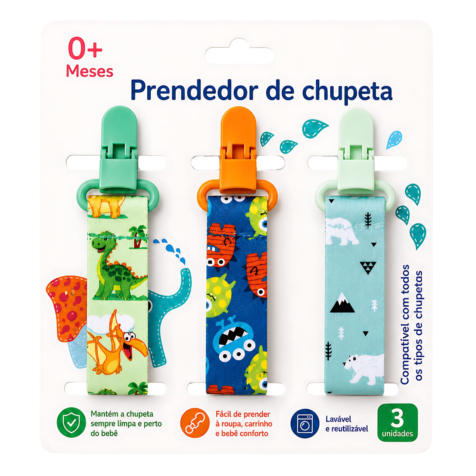 Kit 3 UN. Prendedor de Chupeta Neutro Menino - Dino - Bichinho - Urso | Estampas Lindas Alto Padrão de Qualidade - CodaTech
