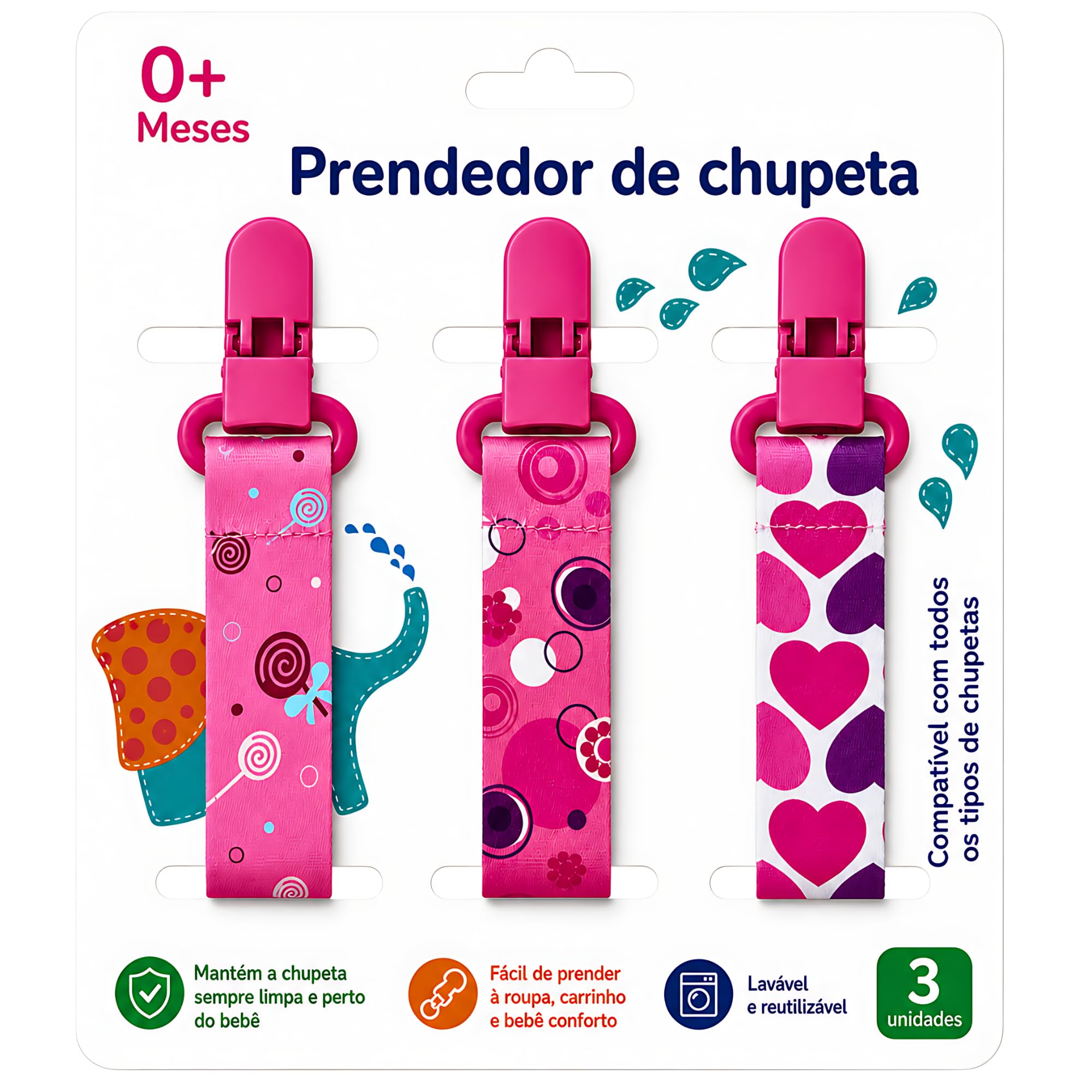 Kit 3 UN. Prendedor de Chupeta Menina - Pirulitos e Corações | Estampas Lindas Alto Padrão de Qualidade - CodaTech