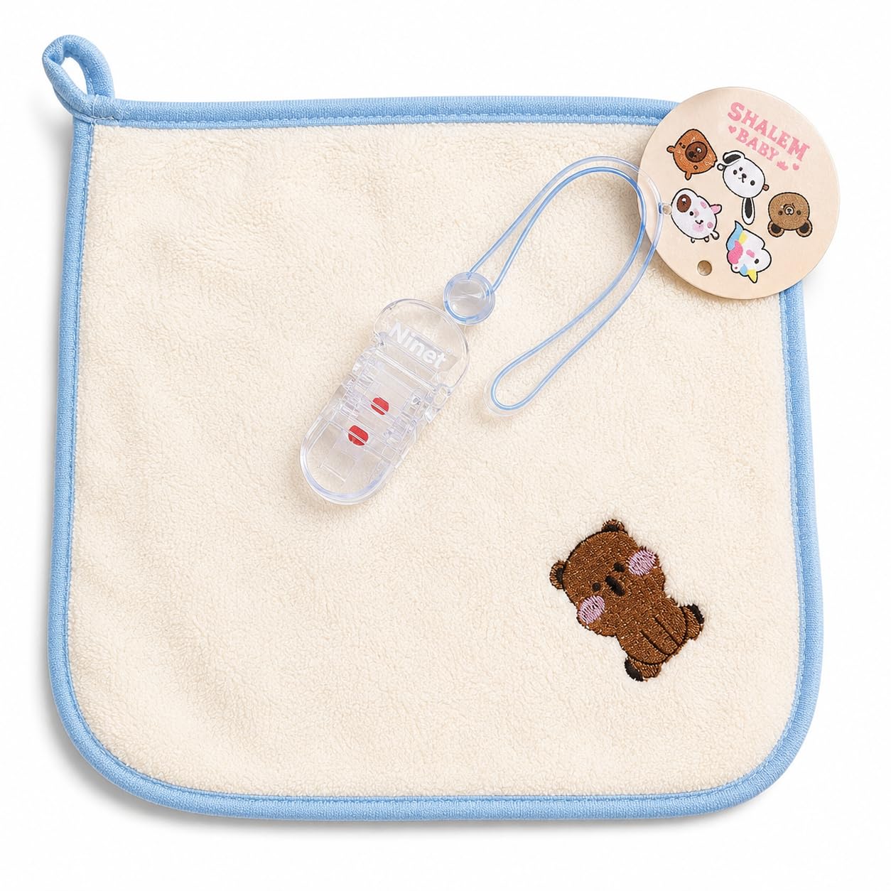 Paninho de Boca + Prendedor de Chupeta 25x25cm Azul | Tecido Macio e Hipoalergênico, Alta Absorção, Bordado de Panda, Para Passeios e Viagens, Clipe Resistente