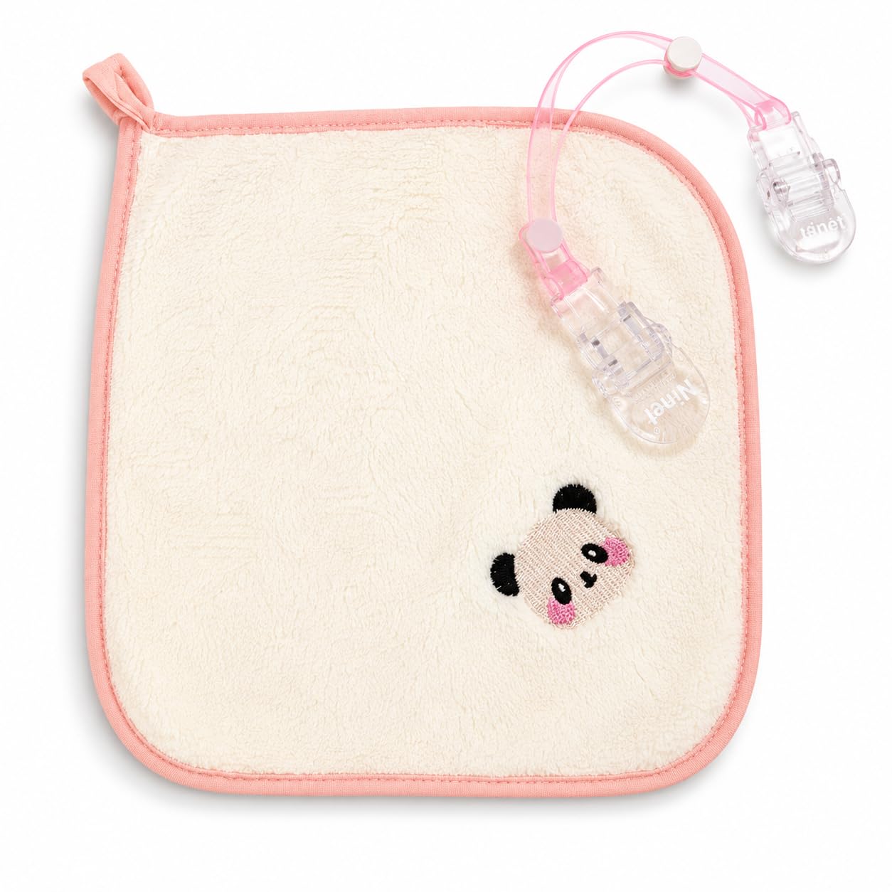 Paninho de Boca + Prendedor de Chupeta 25x25cm Rosa | Tecido Macio e Hipoalergênico, Alta Absorção, Bordado de Panda, Para Passeios e Viagens, Clipe Resistente