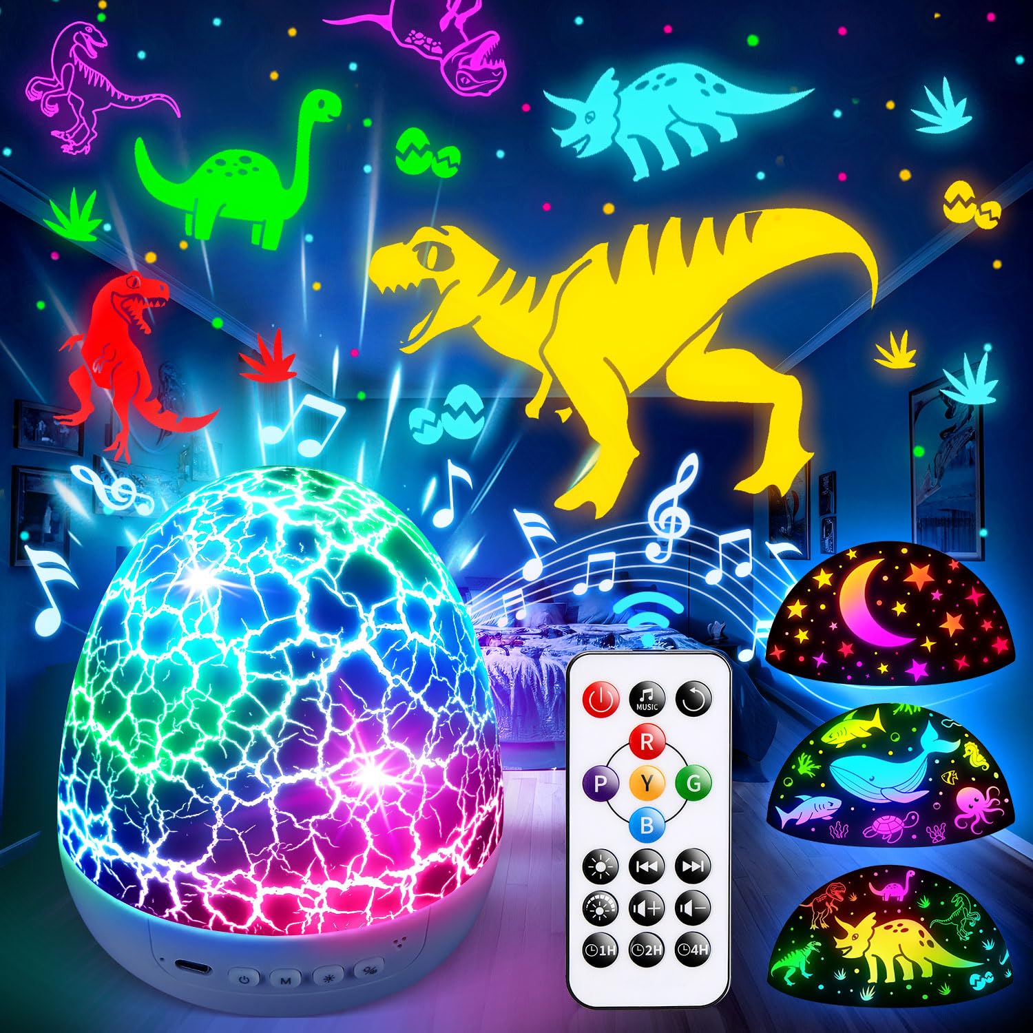 PIKOY Projetor de luz noturna de dinossauro infantil, 10 sons, 6 filmes, 28 modos de iluminação, rotação de 360°, luz noturna de plástico multicolorido para crianças, bebês, quarto