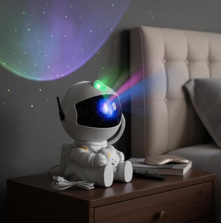 Luminária Projetor Galáxia LED Astronauta Infantil, 8 Efeitos de Nebulosa e Estrelas, USB 5V, Bivolt, Branco, PVC/PC/ABS