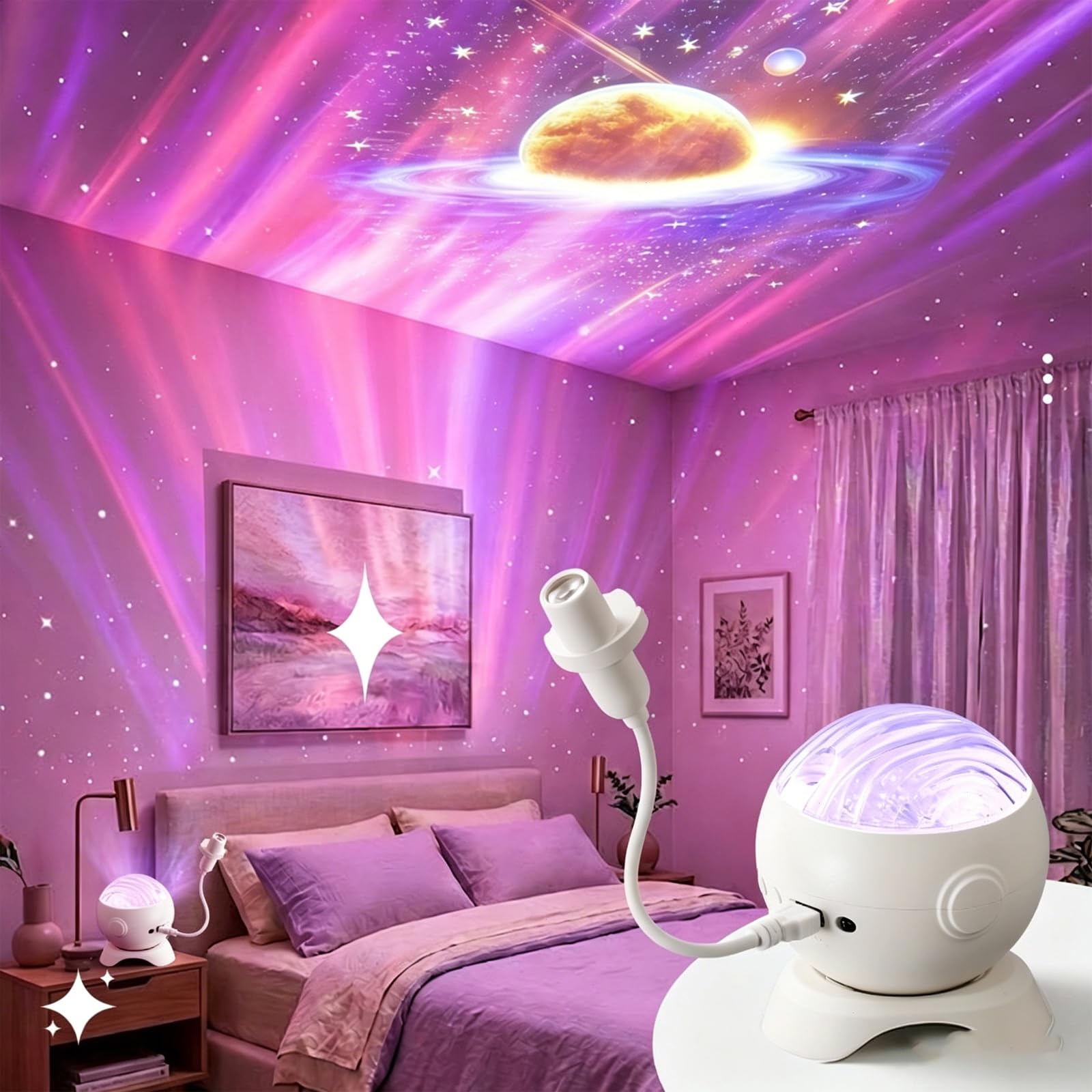 Projetor de luz Aurora, projetor estrela galáxia do norte 3 em 1 para quarto, luz noturna recarregável de céu estrelado com controle remoto e temporizador, iluminação ambiente para quarto